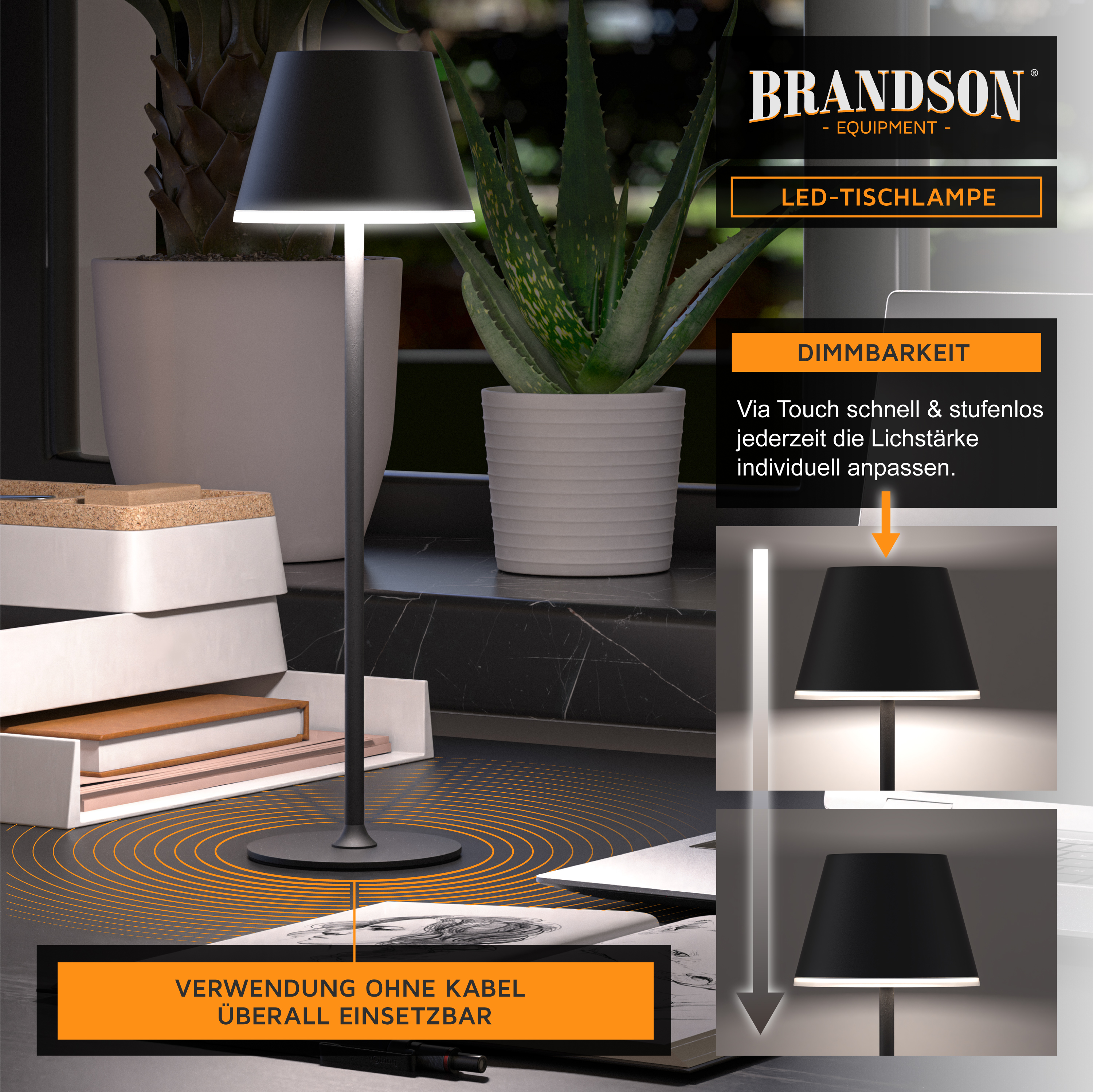 Brandson LED-Tischlampe mit schwarzem Schirm, Touch-Dimmfunktion und elegantem Design, platziert auf einem modernen Schreibtisch neben Pflanzen.