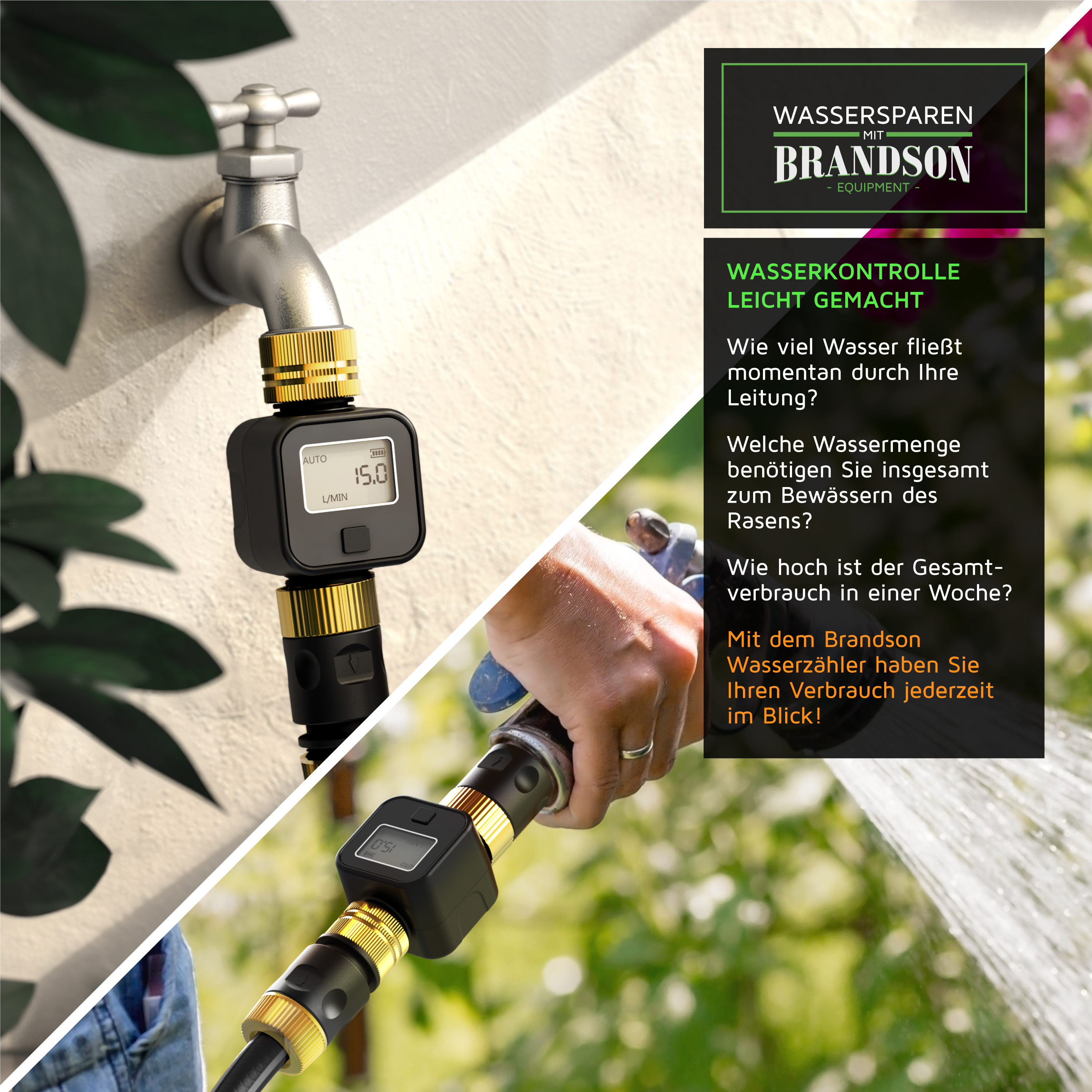 Brandson Wasserzähler mit digitalem Display, schwarzem Gehäuse und goldenen Anschlüssen, montiert an einem Wasserhahn zur Überwachung des Wasserverbrauchs.