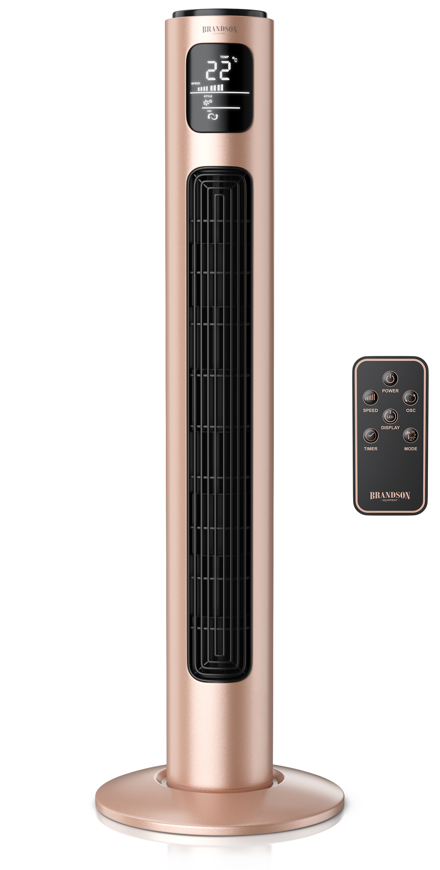 Brandson Turmventilator in Roségold mit Digitalanzeige und Fernbedienung, elegantem Design und stabilem Sockel.