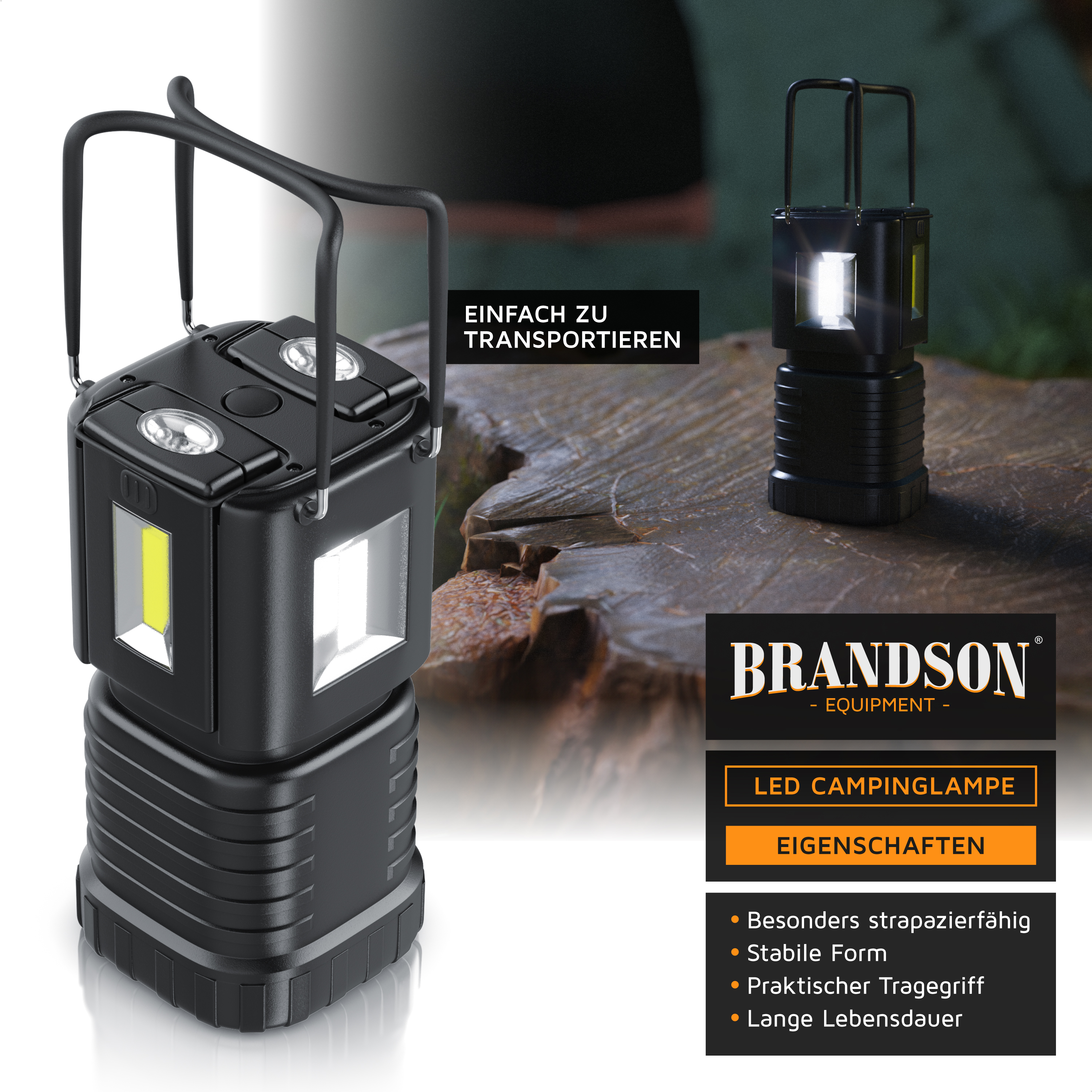 Brandson LED-Campinglampe mit robustem Design, praktischem Tragegriff und mehreren Lichtquellen, geeignet für den Außenbereich.