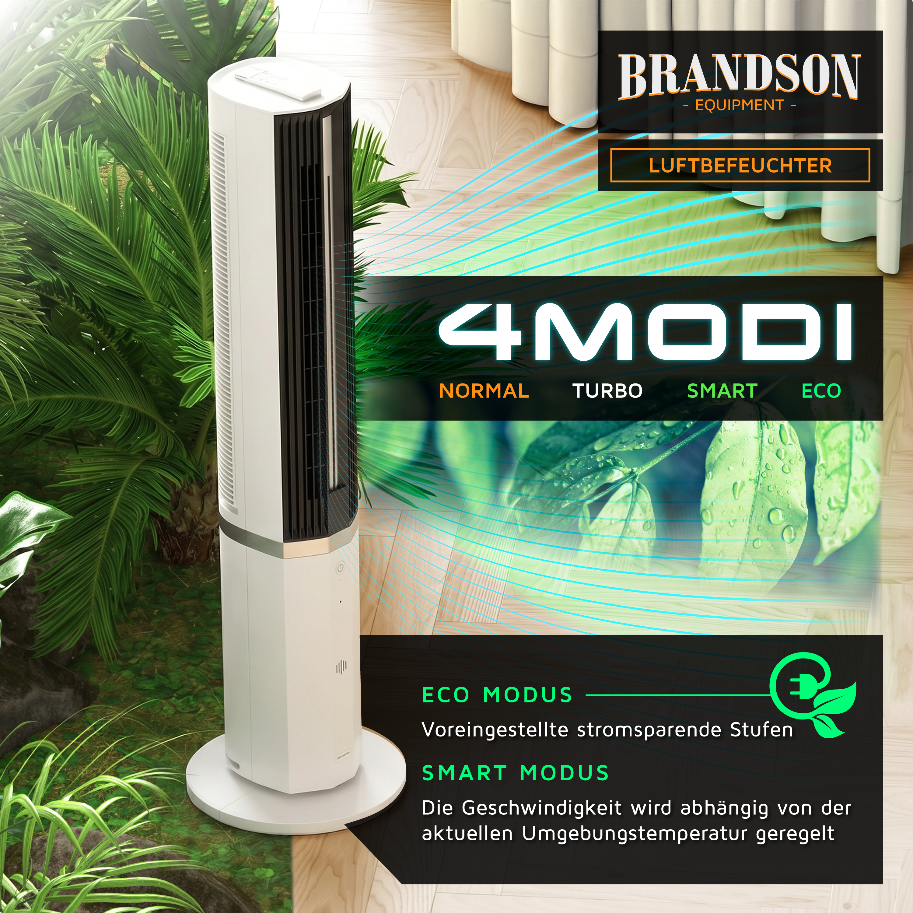 Luftbefeuchter von Brandson in Weiß mit elegantem Turmdesign, Bedienfeld und umweltfreundlichen Modi für effizienten Betrieb.