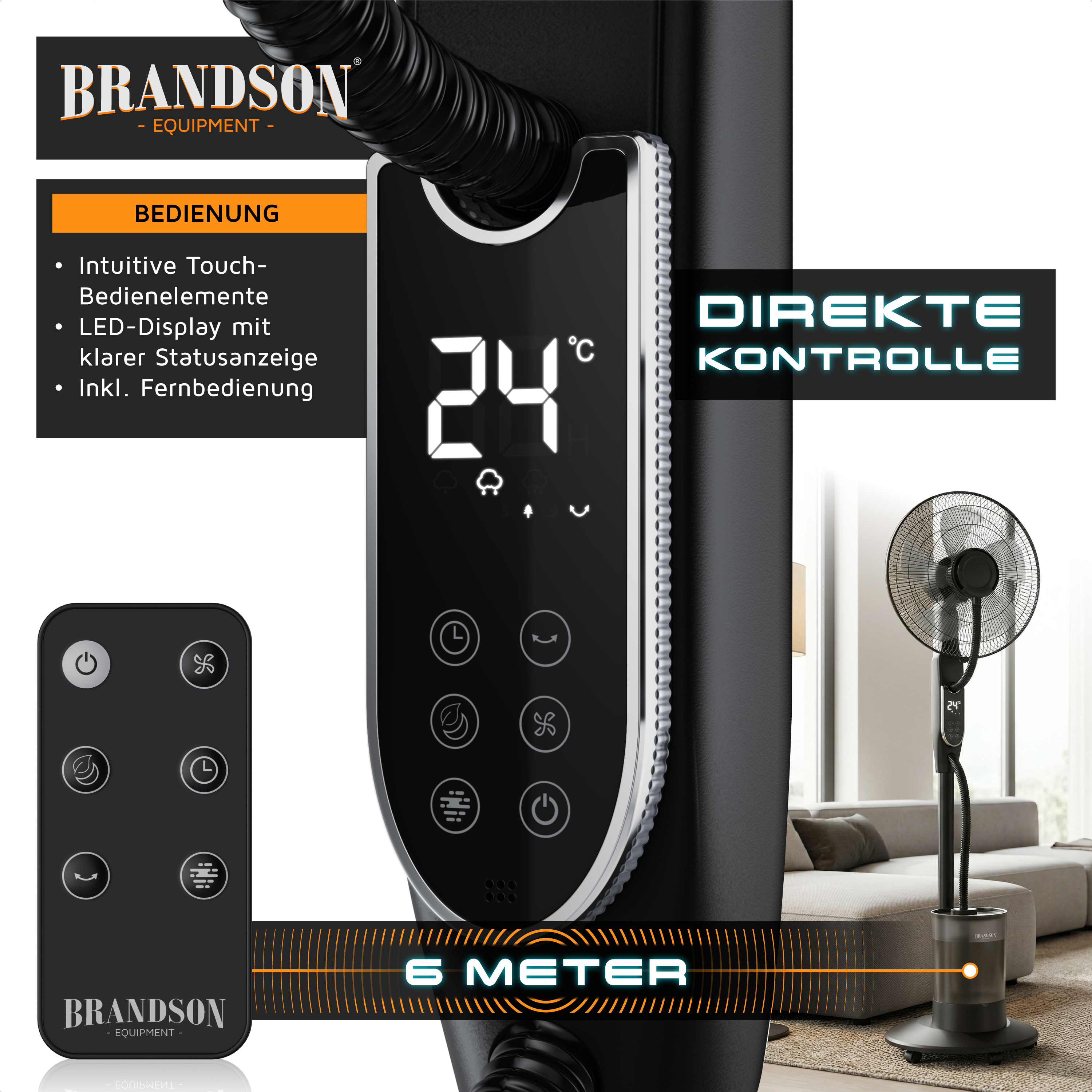 Standventilator von Brandson mit intuitivem Touch-Bedienfeld, LED-Anzeige, Fernbedienung und elegantem schwarzem Design, platziert in einem modernen Wohnzimmer.