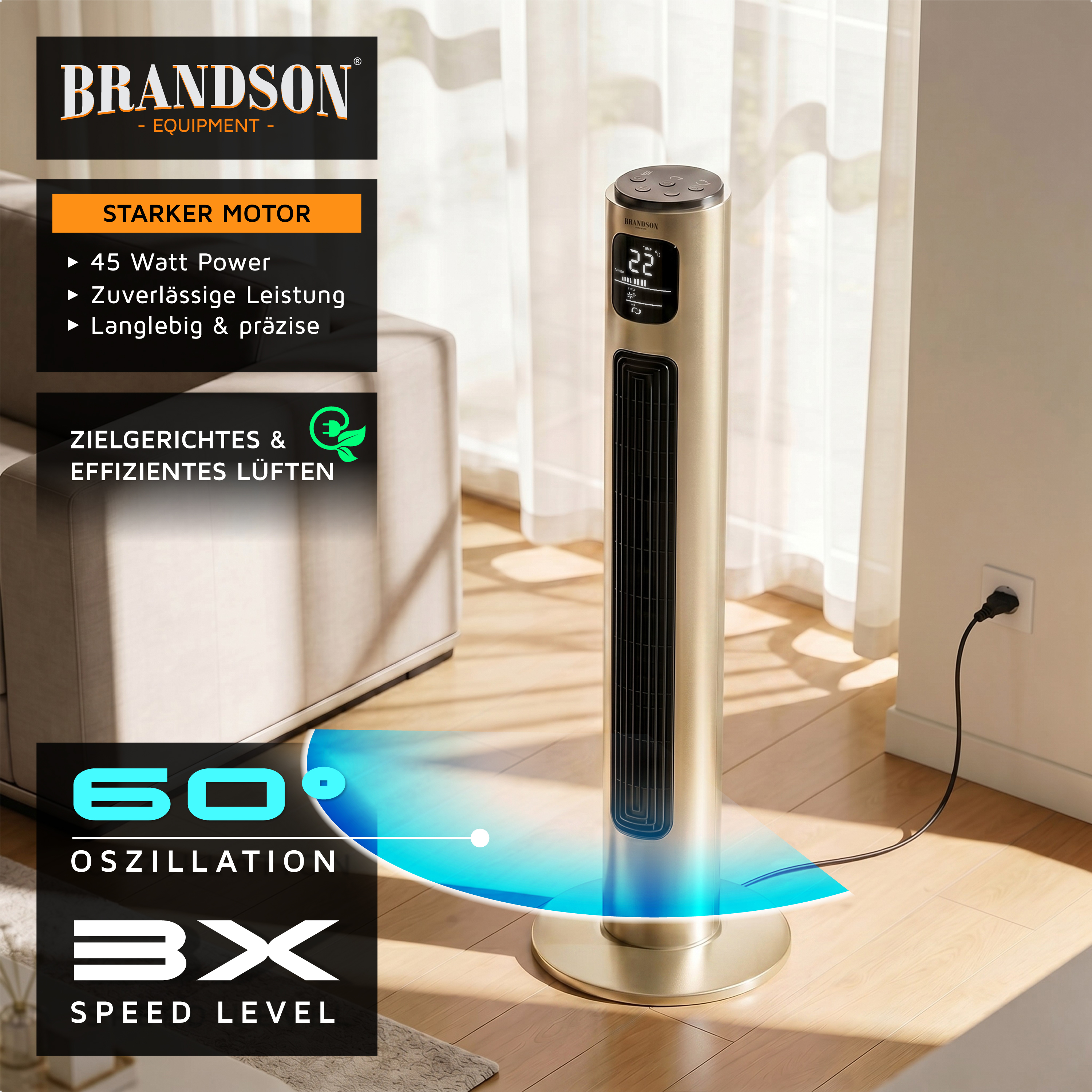 Brandson Turmventilator in Goldfarbe mit Digitalanzeige und Bedienfeld, platziert in einem hellen Raum in der Nähe eines Fensters.