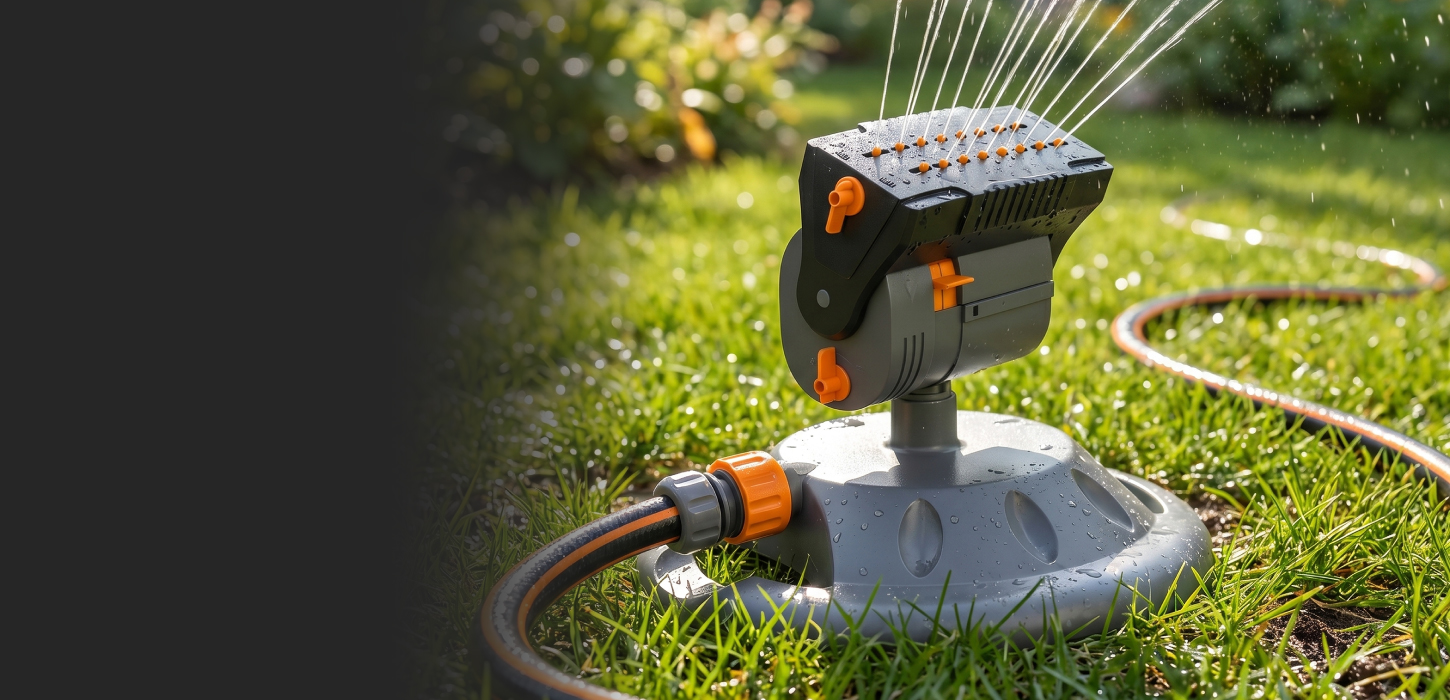 Brandson Gartenbewässerungssystem mit verstellbarem Sprühkopf, grauem Kunststoffgehäuse und orangefarbenen Bedienelementen auf grünem Rasen.