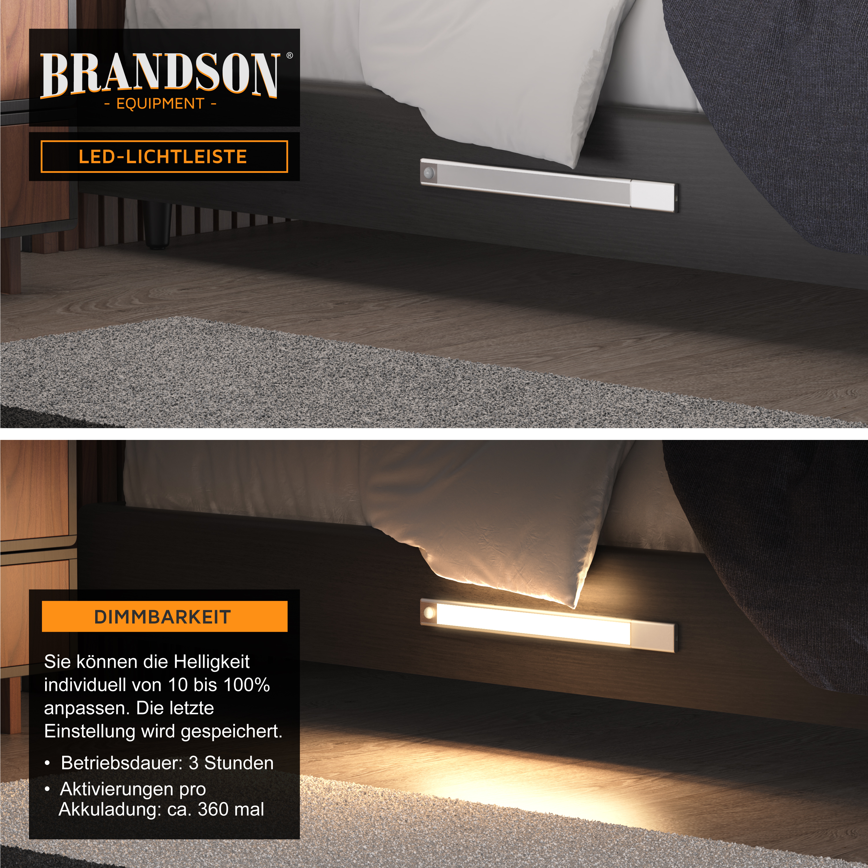 Brandson LED-Lichtleiste mit einstellbarer Helligkeit, schlankem Design, montiert unter einem Bett, sorgt für eine warme Lichtatmosphäre.