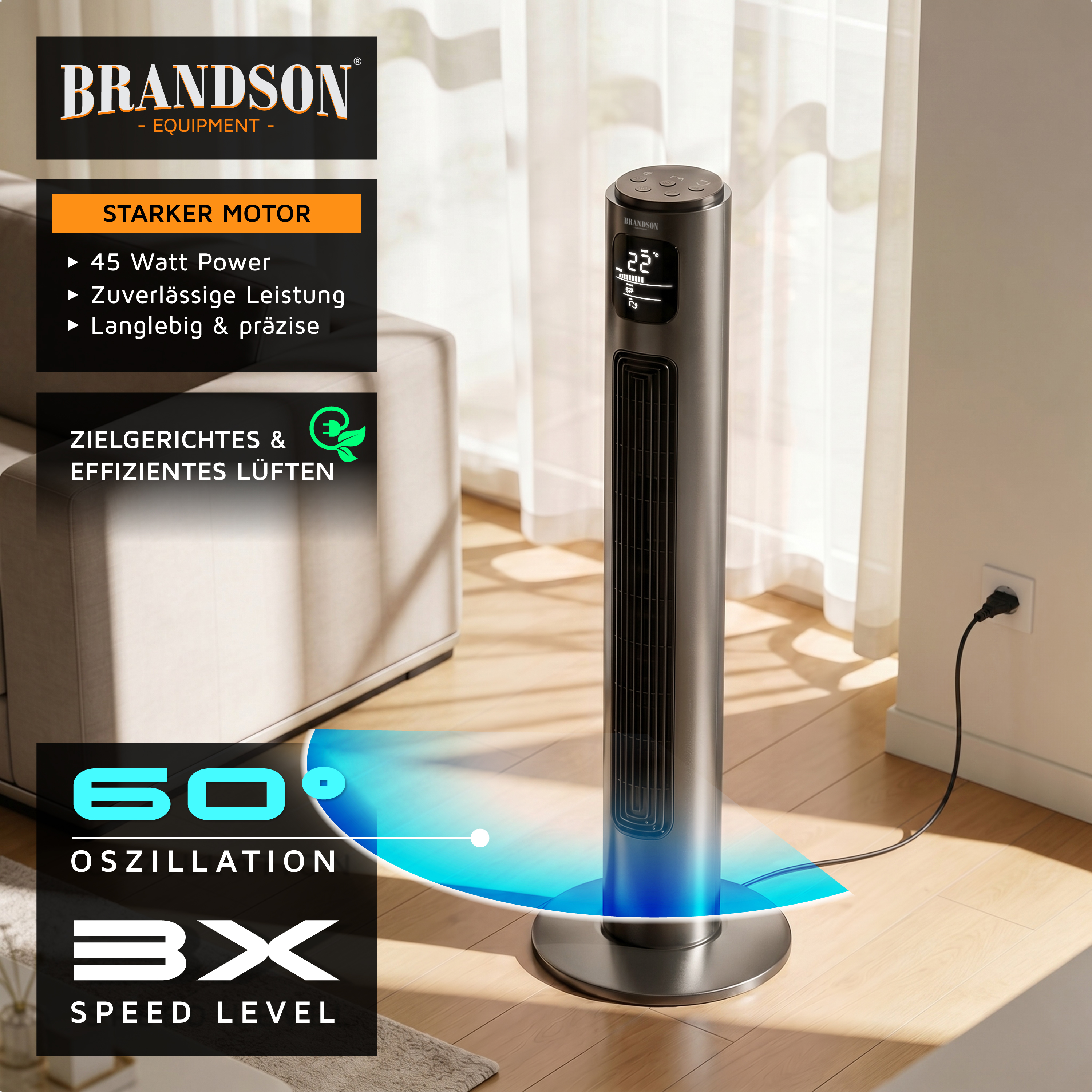 Brandson Turmventilator mit schlankem Design, schwarzer Farbe, Digitalanzeige und Fernbedienung, positioniert in einem hellen Wohnzimmer.