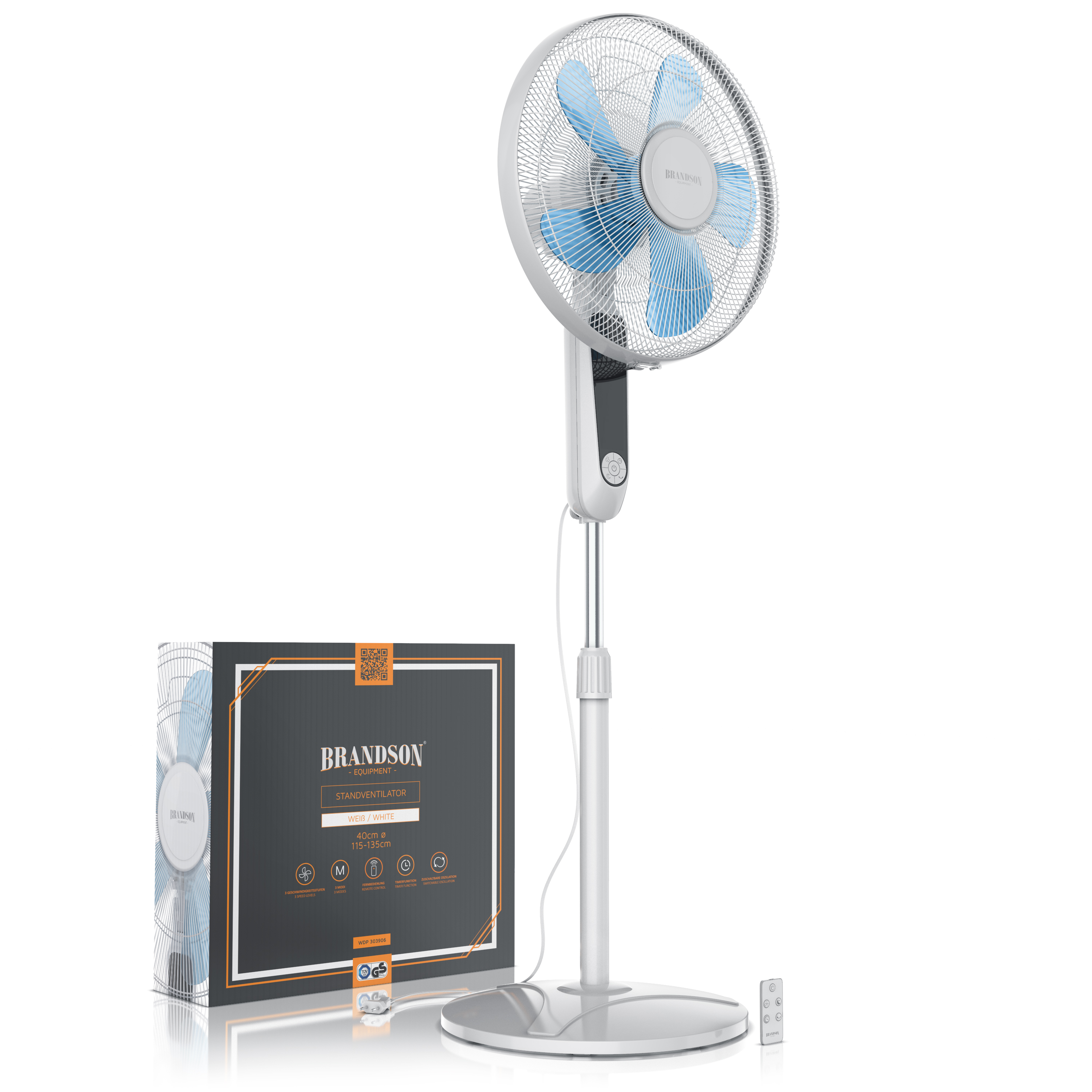 Standventilator von Brandson mit schlankem Design, blauen Flügeln, Fernbedienung und stabilem Sockel, verpackt in einer Markenbox.