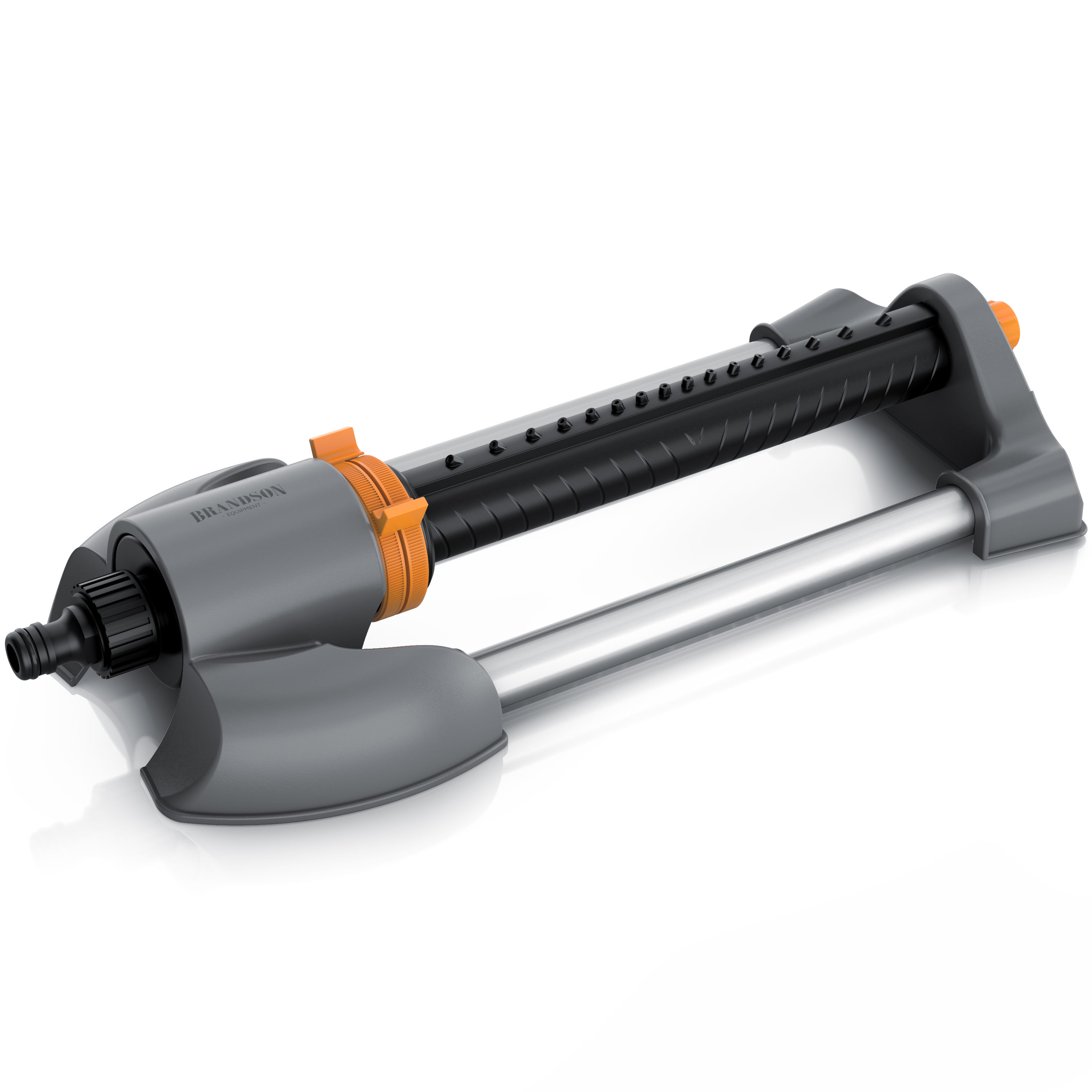 Brandson Sprinkler mit grauem Gehäuse, orangefarbenem Einstellrad und verstellbaren Düsen für gezielte Bewässerung.