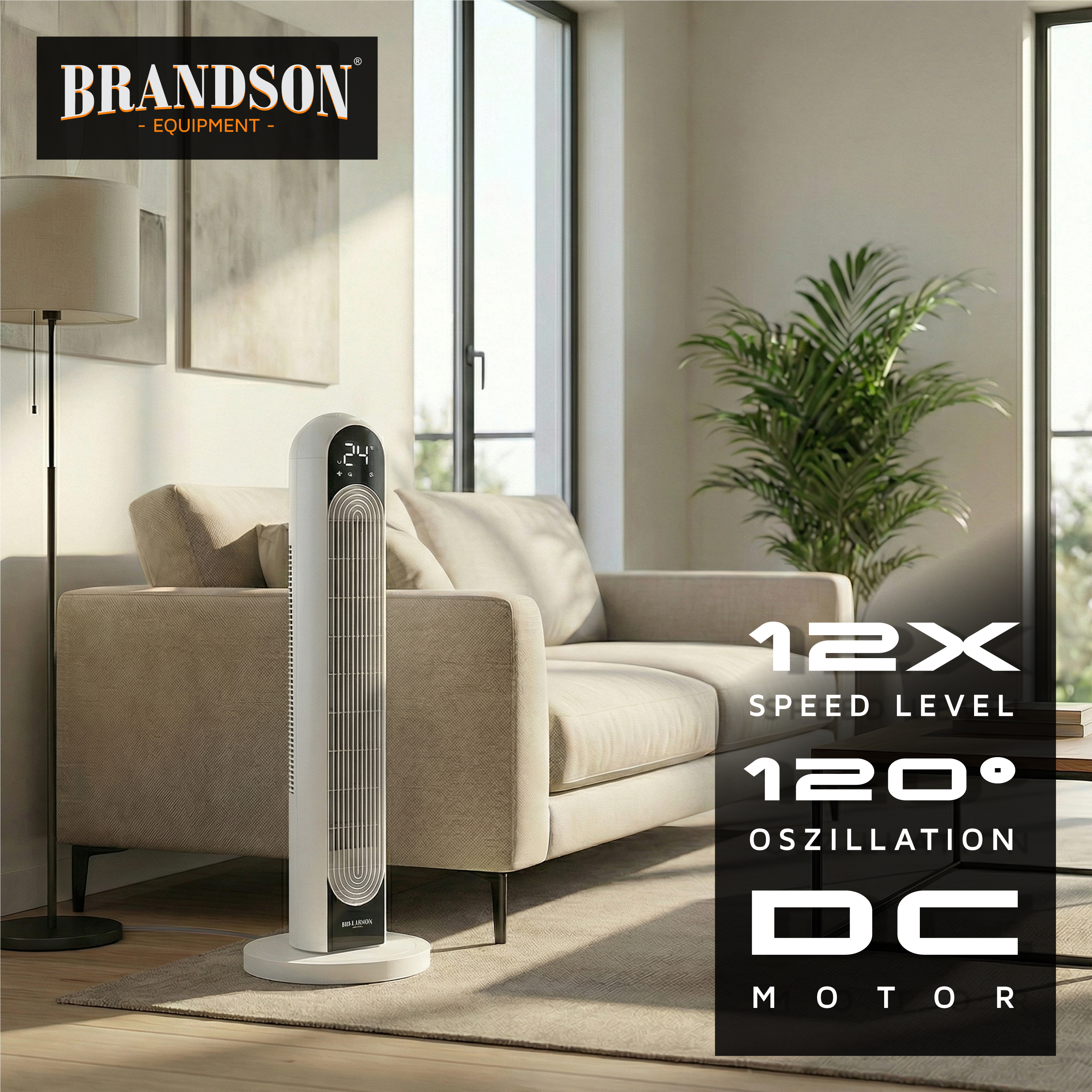 Brandson Turmventilator in Weiß mit elegantem Design, Digitalanzeige und Standfuß, platziert in einem modernen Wohnzimmerambiente.