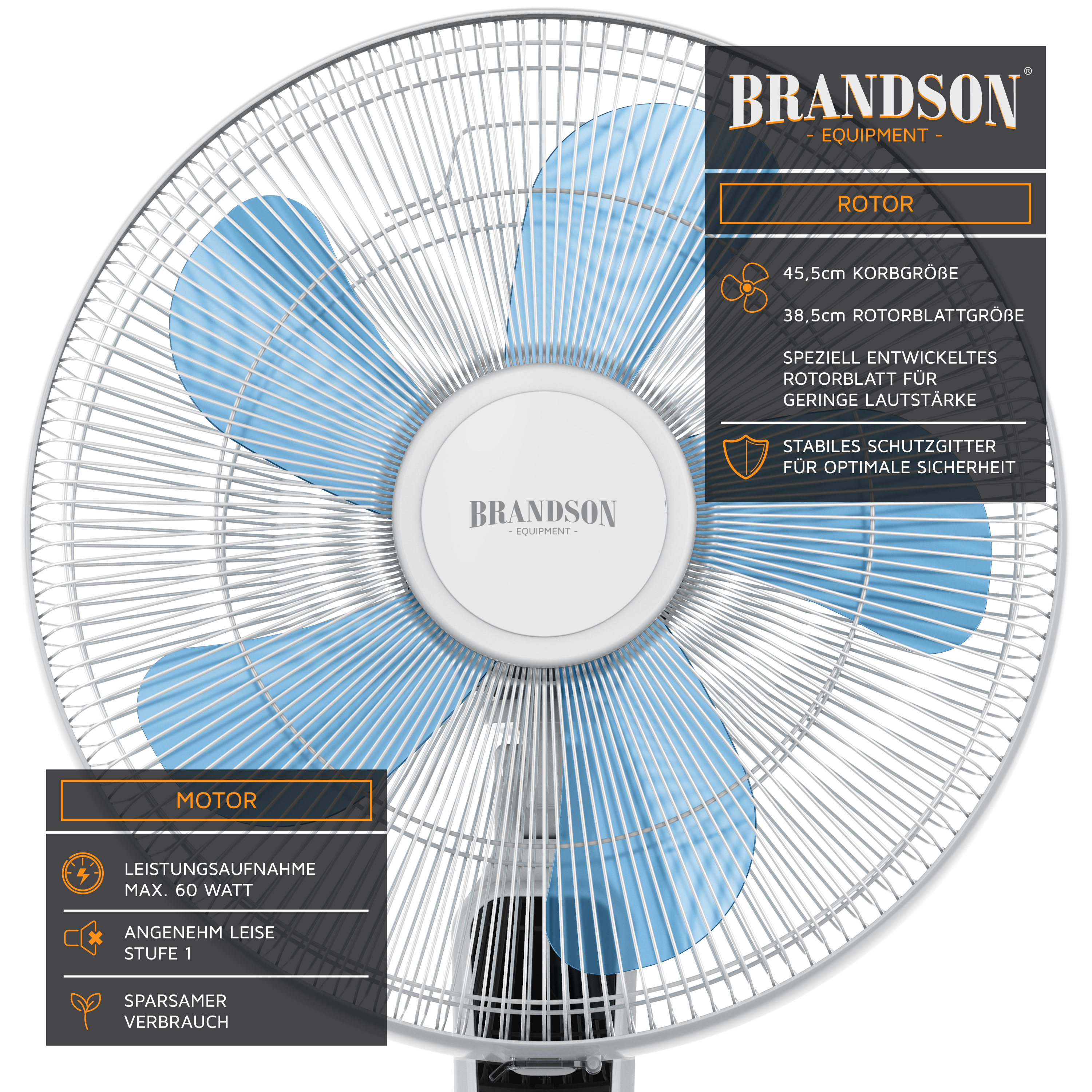 Brandson Standventilator mit 45,5 cm Korbgröße, blauen Rotorblättern und stabilem Schutzgitter für Sicherheit.