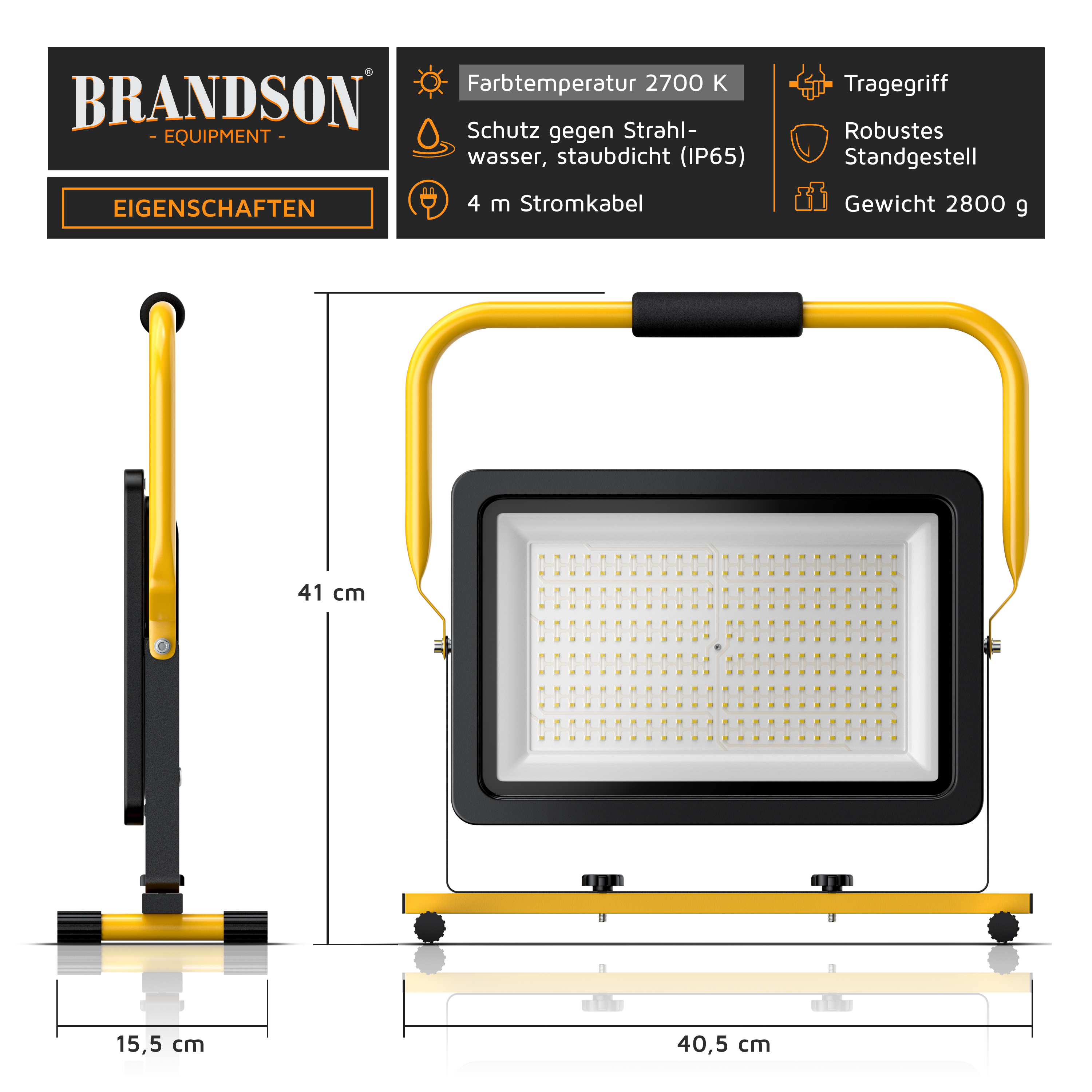 Brandson LED-Arbeitsleuchte mit robustem Standgestell, Tragegriff und IP65 Schutz gegen Wasser und Staub, 4 m Stromkabel.