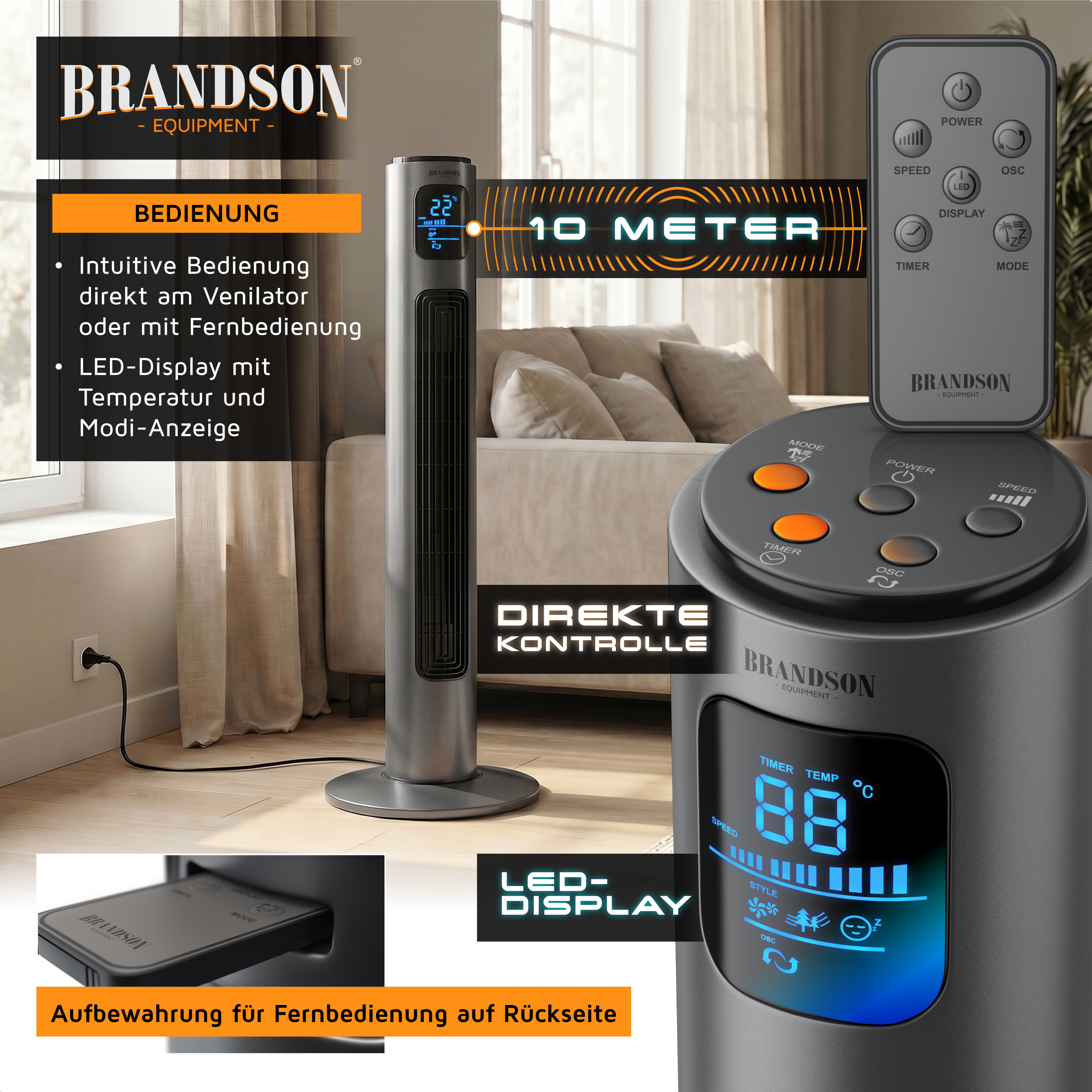 Turmventilator von Brandson mit schlankem Design, LED-Display zur Temperaturanzeige, Fernbedienung und Aufbewahrung für die Fernbedienung auf der Rückseite.