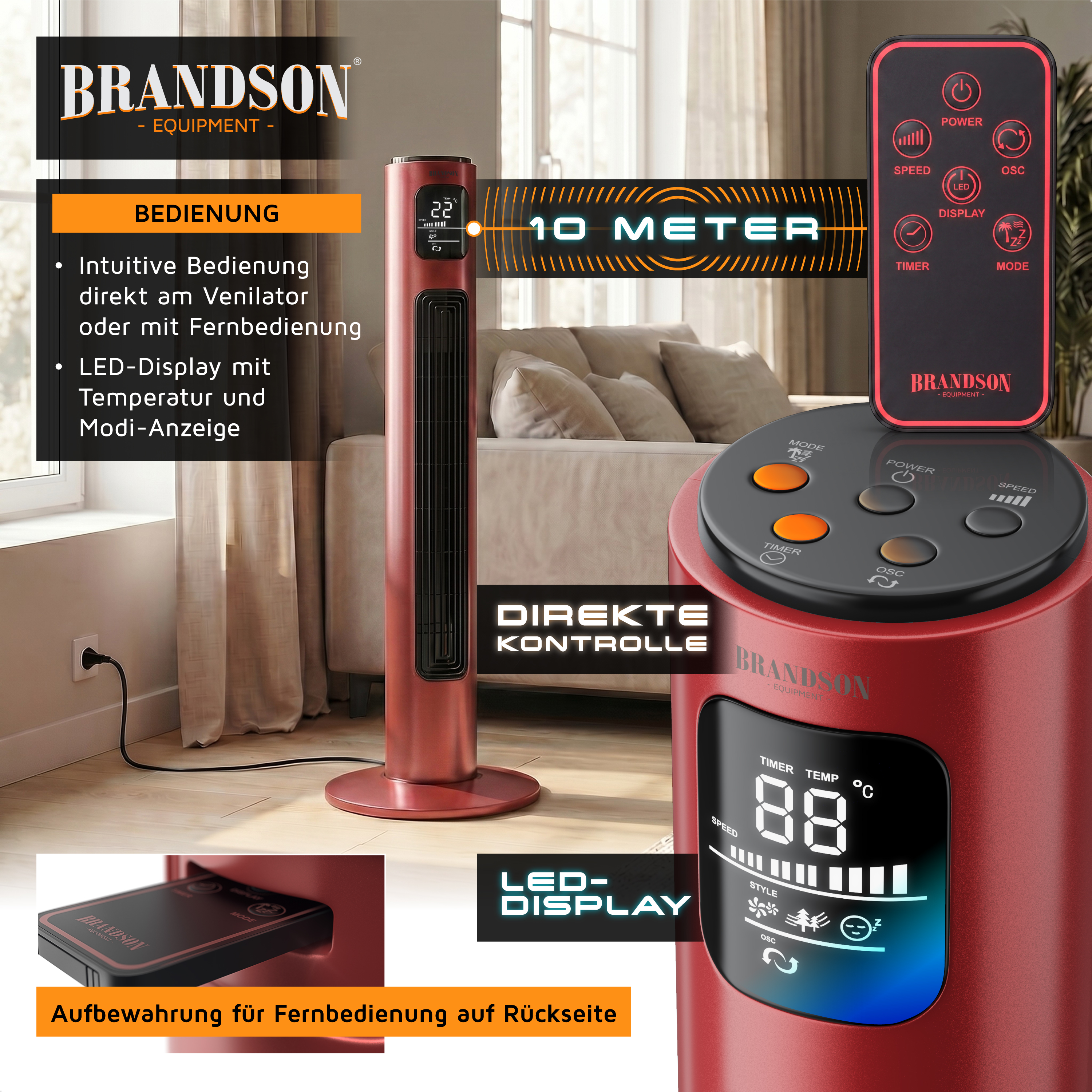 Brandson Turmventilator in Rot mit LED-Display zur Anzeige von Temperatur und Modus, Fernbedienung und intuitivem Bedienfeld.