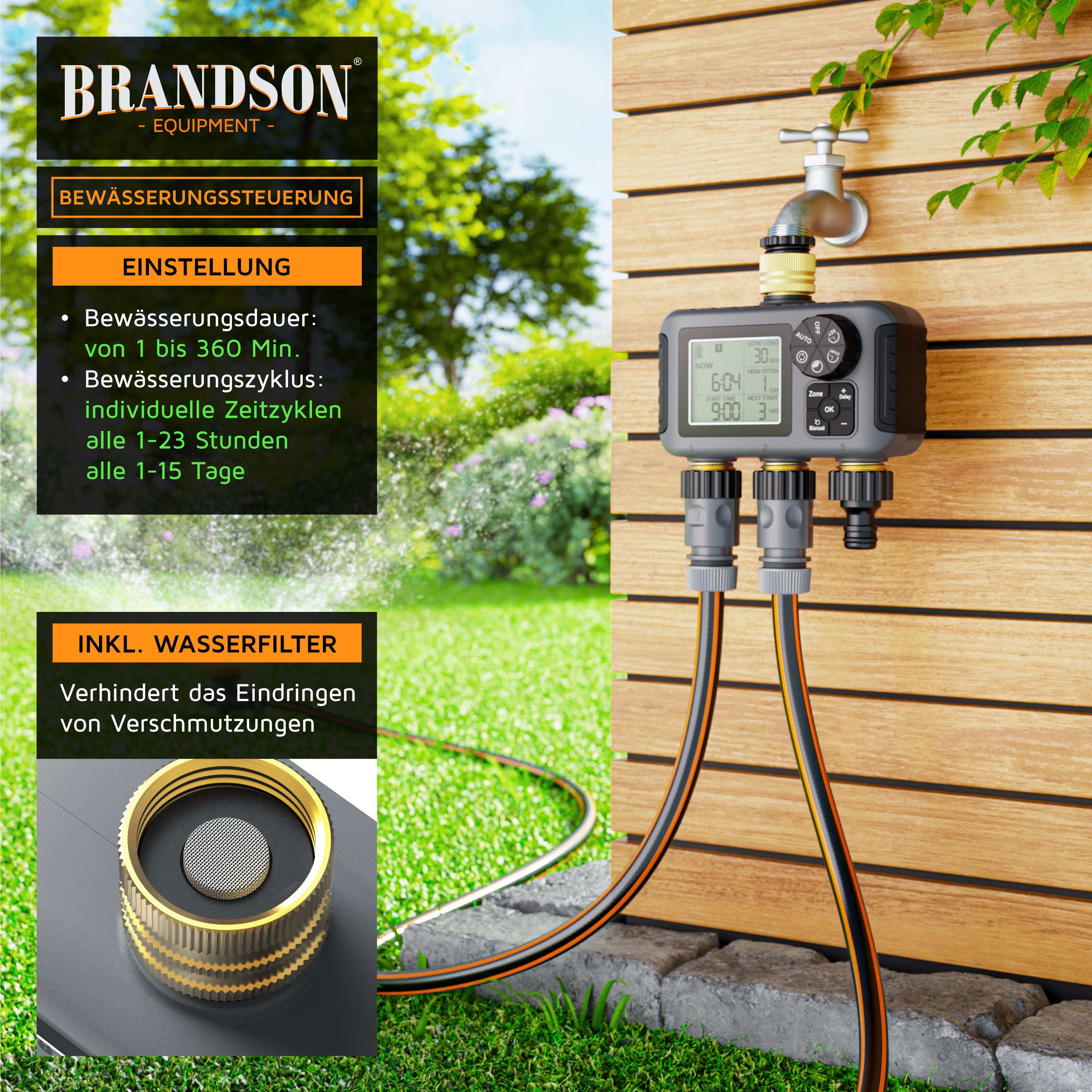 Brandson Bewässerungssteuerung mit digitalem Display, zwei Anschlüssen und Wasserfilter, montiert an einer Wand im Garten.