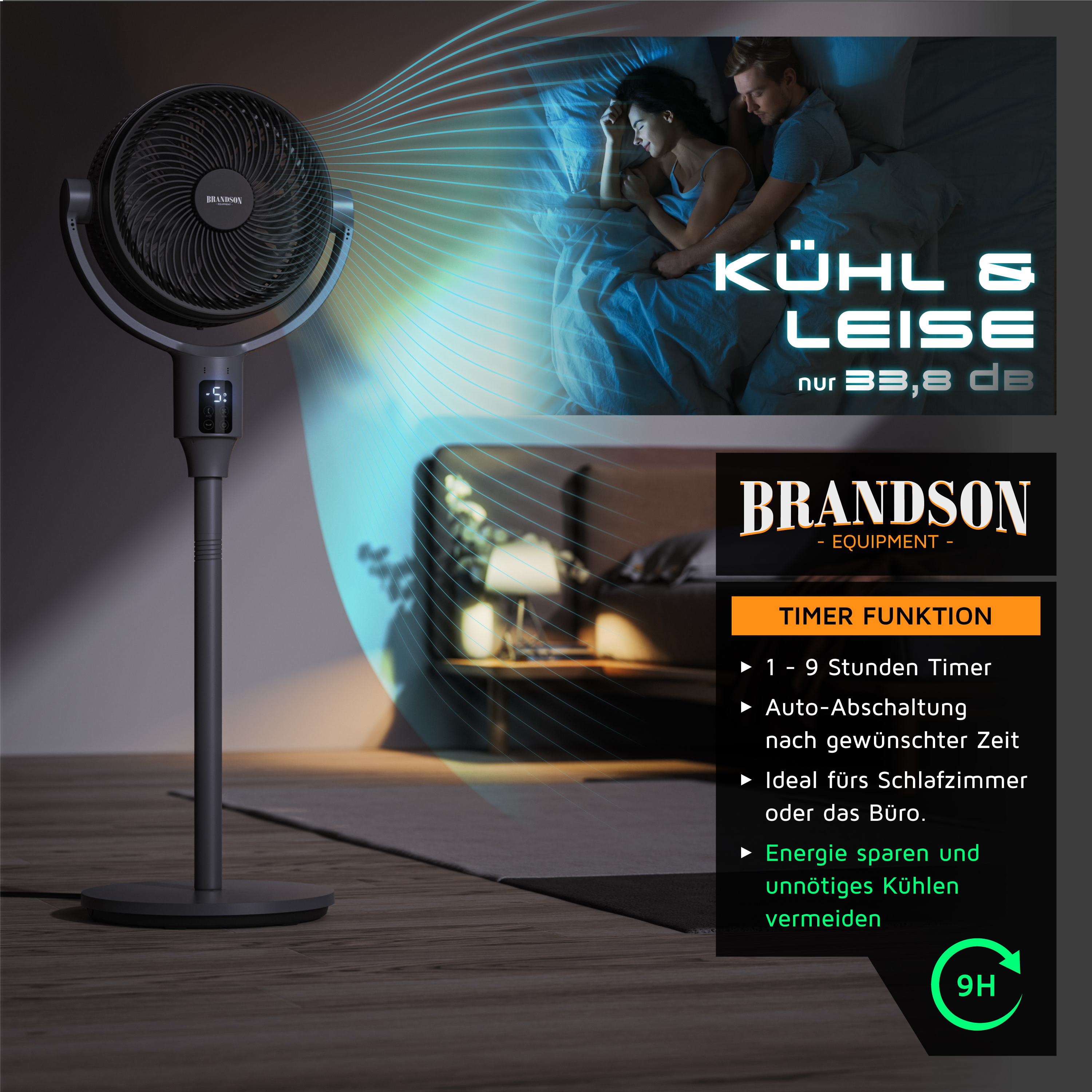 Standventilator von Brandson mit elegantem Design, Digitalanzeige und Timer-Funktion, geeignet für den Einsatz im Schlafzimmer oder im Büro.