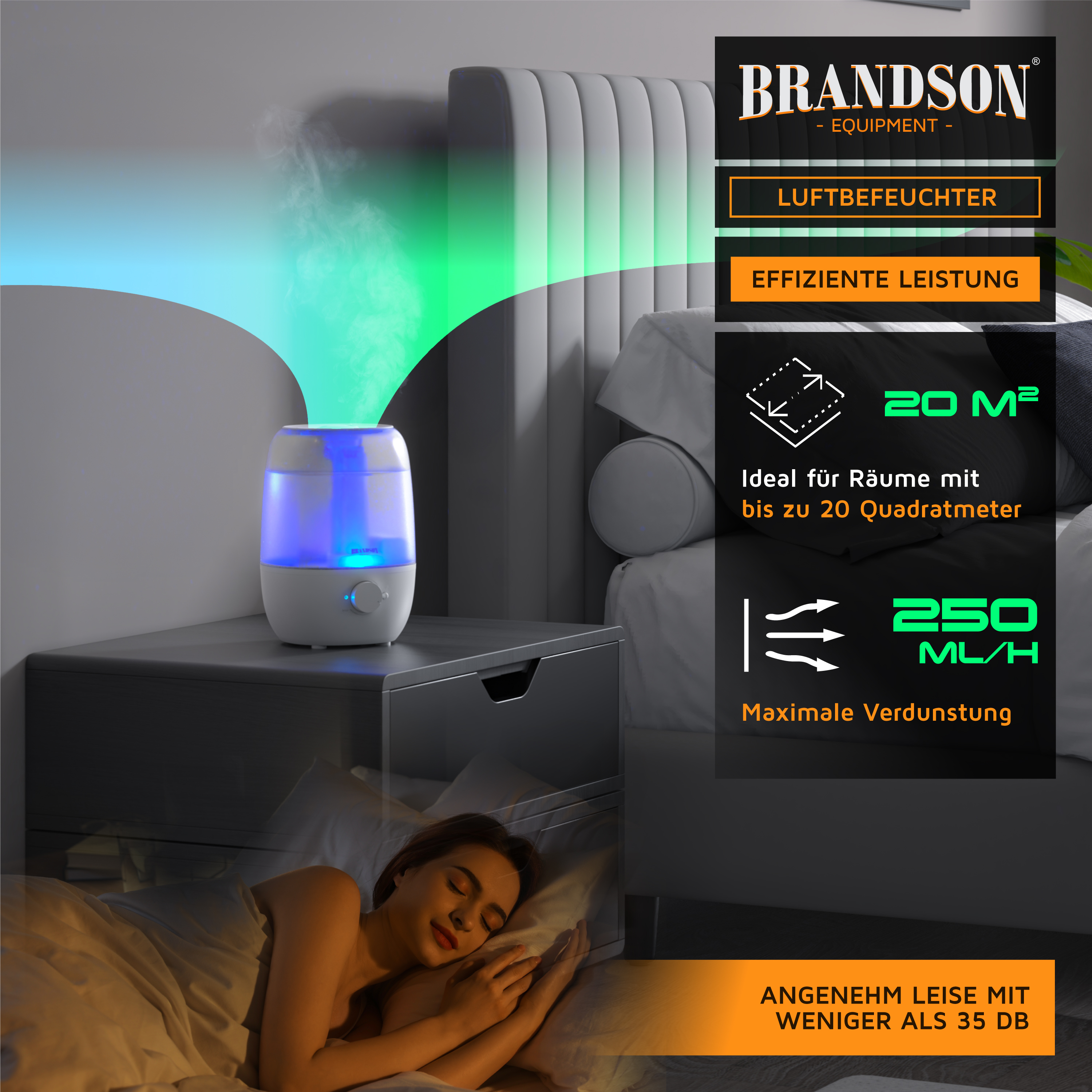 Brandson Luftbefeuchter in weiß mit blauer LED-Beleuchtung auf einem Nachttisch, während eine Person im Bett schläft.