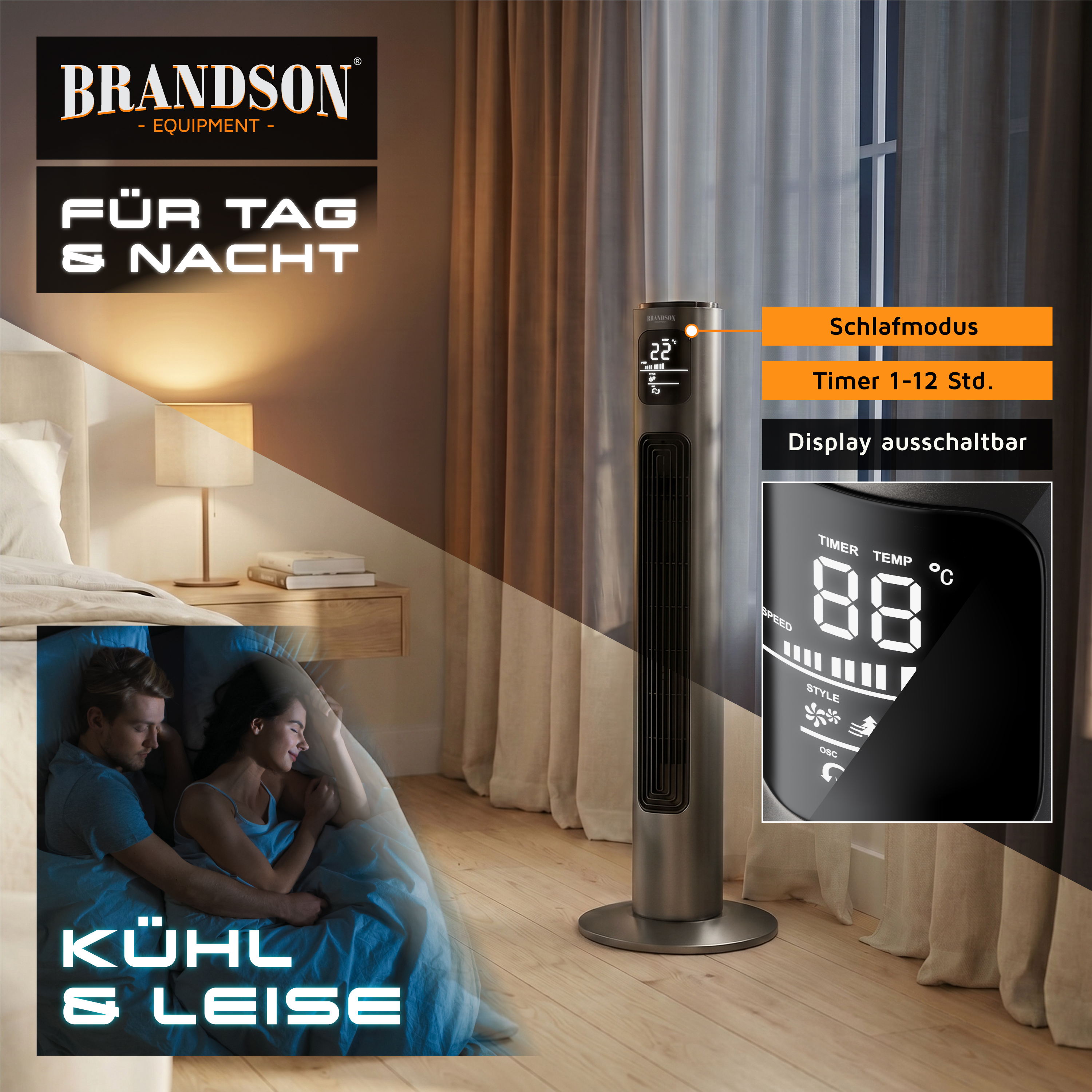 Brandson Turmventilator mit elegantem Design, Digitalanzeige und Timer-Funktion, platziert in einer gemütlichen Schlafzimmerumgebung.