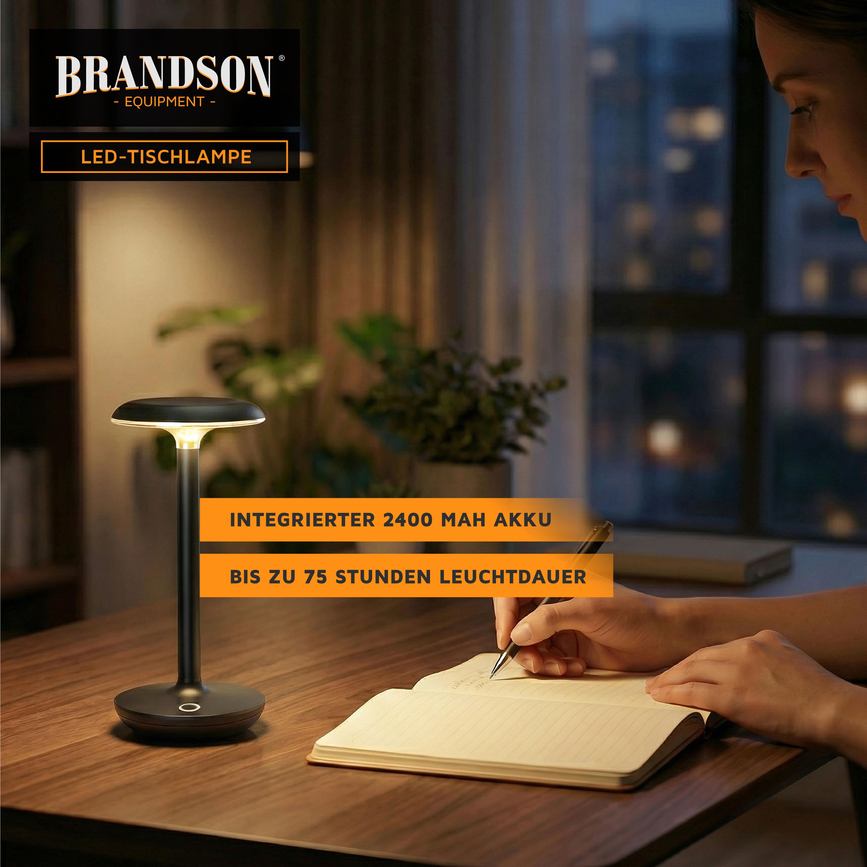 Brandson LED-Tischlampe mit schlankem Design, schwarzer Farbe, integriertem Akku und Touch-Steuerung, die einen Arbeitsbereich beleuchtet.