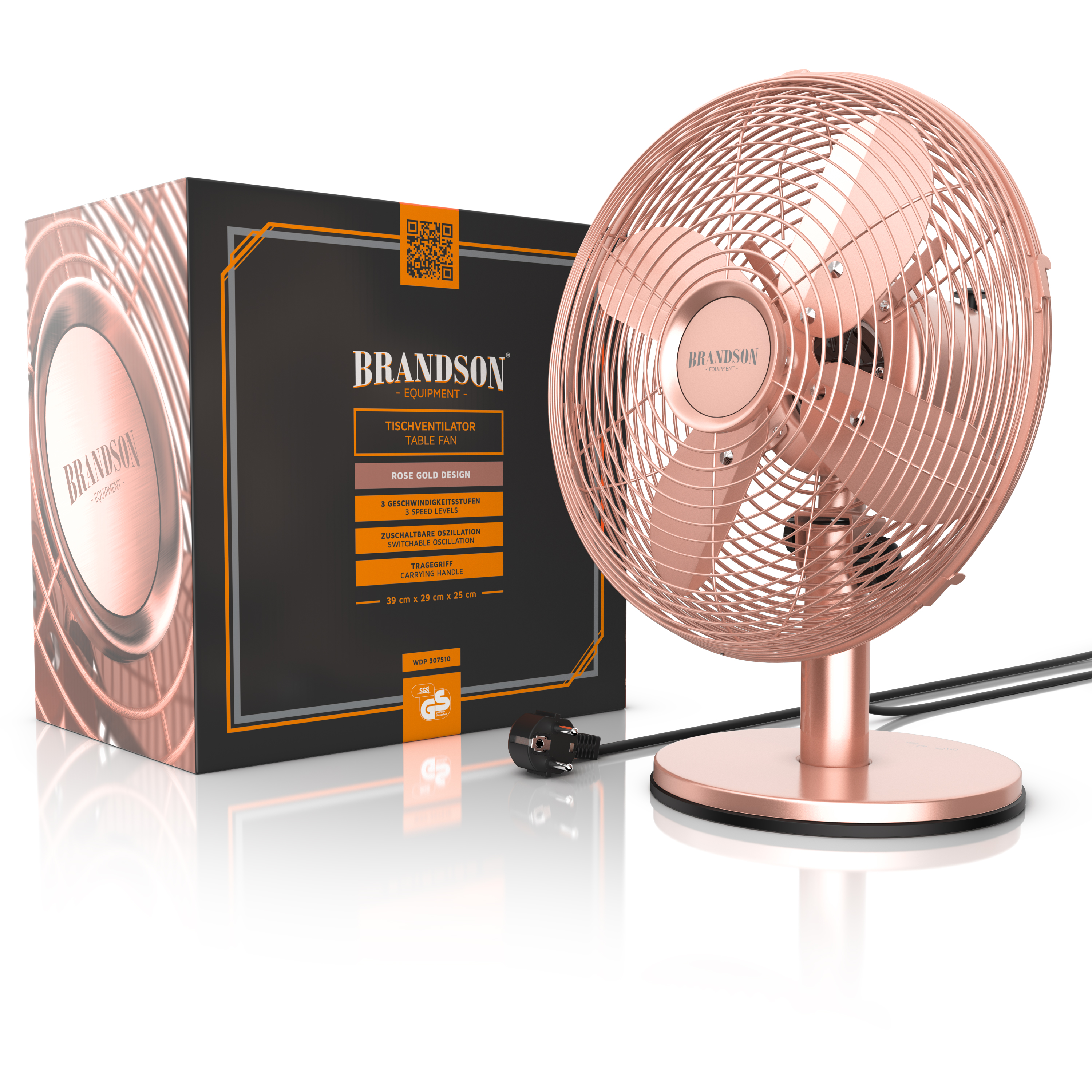 Brandson Tischventilator im Roségold-Design mit stabiler Basis und sichtbarem Netzkabel, neben der Verpackung platziert.