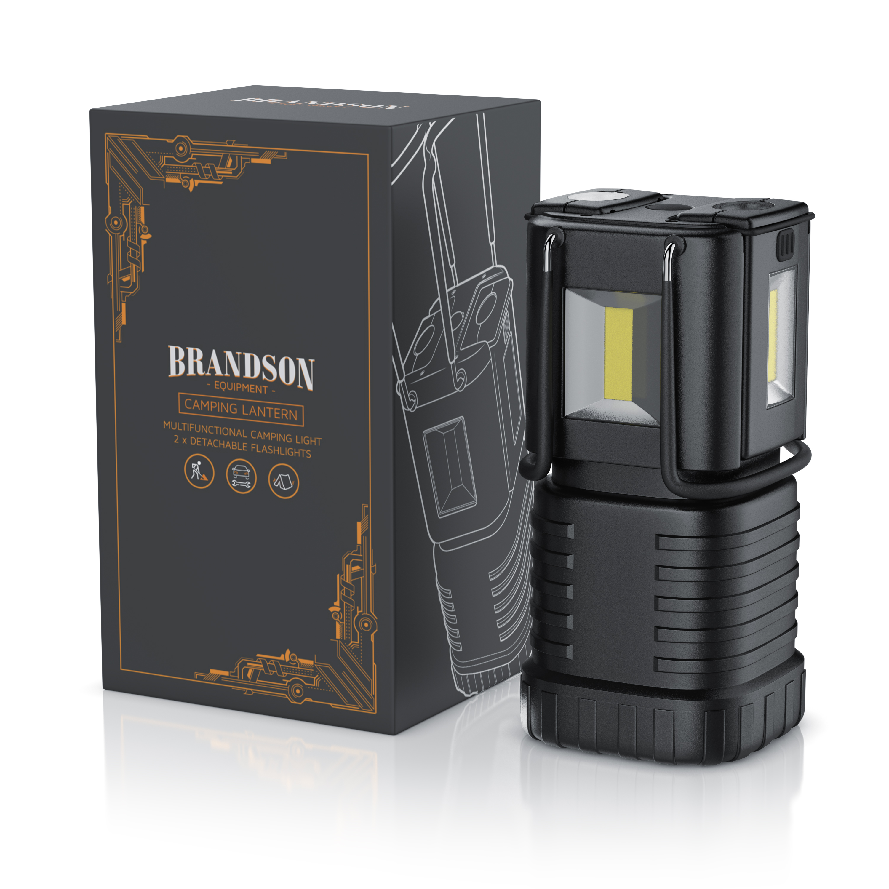 Campinglaterne von Brandson mit abnehmbaren Taschenlampen, kompaktem Design und robuster schwarzer Oberfläche, inklusive Verpackung.
