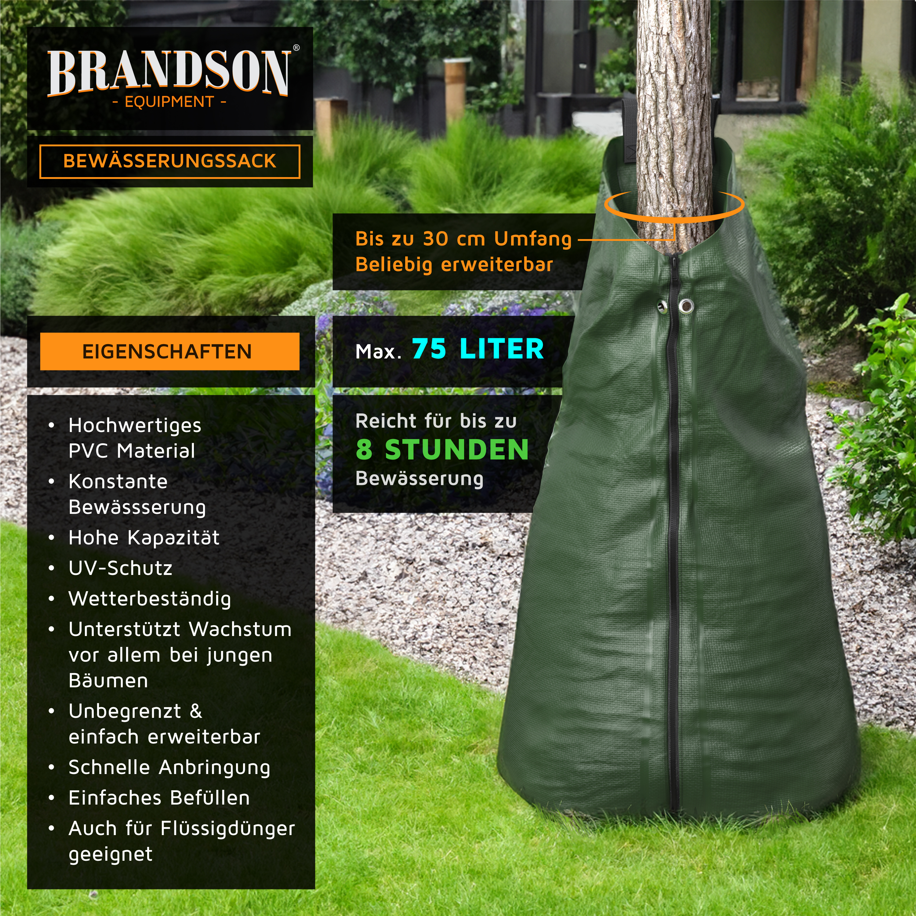 Brandson Bewässerungssack aus hochwertigem PVC-Material, grün, für Bäume bis 30 cm Umfang, mit Reißverschluss und 75 Liter Fassungsvermögen.