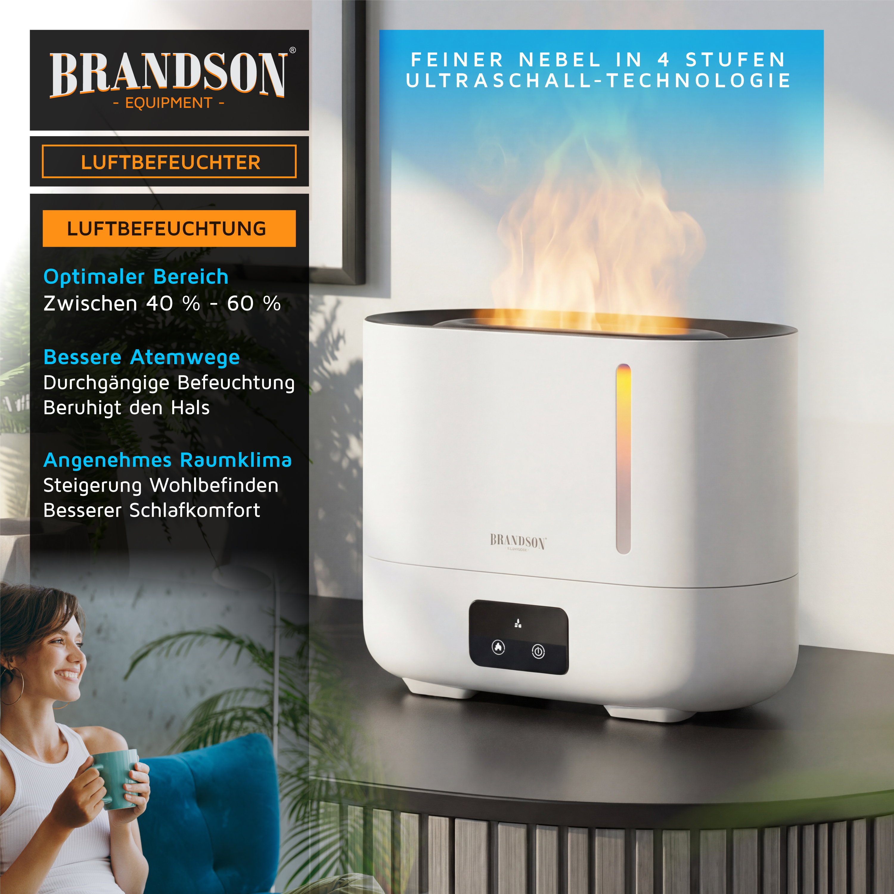Brandson Luftbefeuchter im modernen, weißen Design mit Bedienfeld und Sichtfenster für Wasserstand, auf einem Tisch platziert.