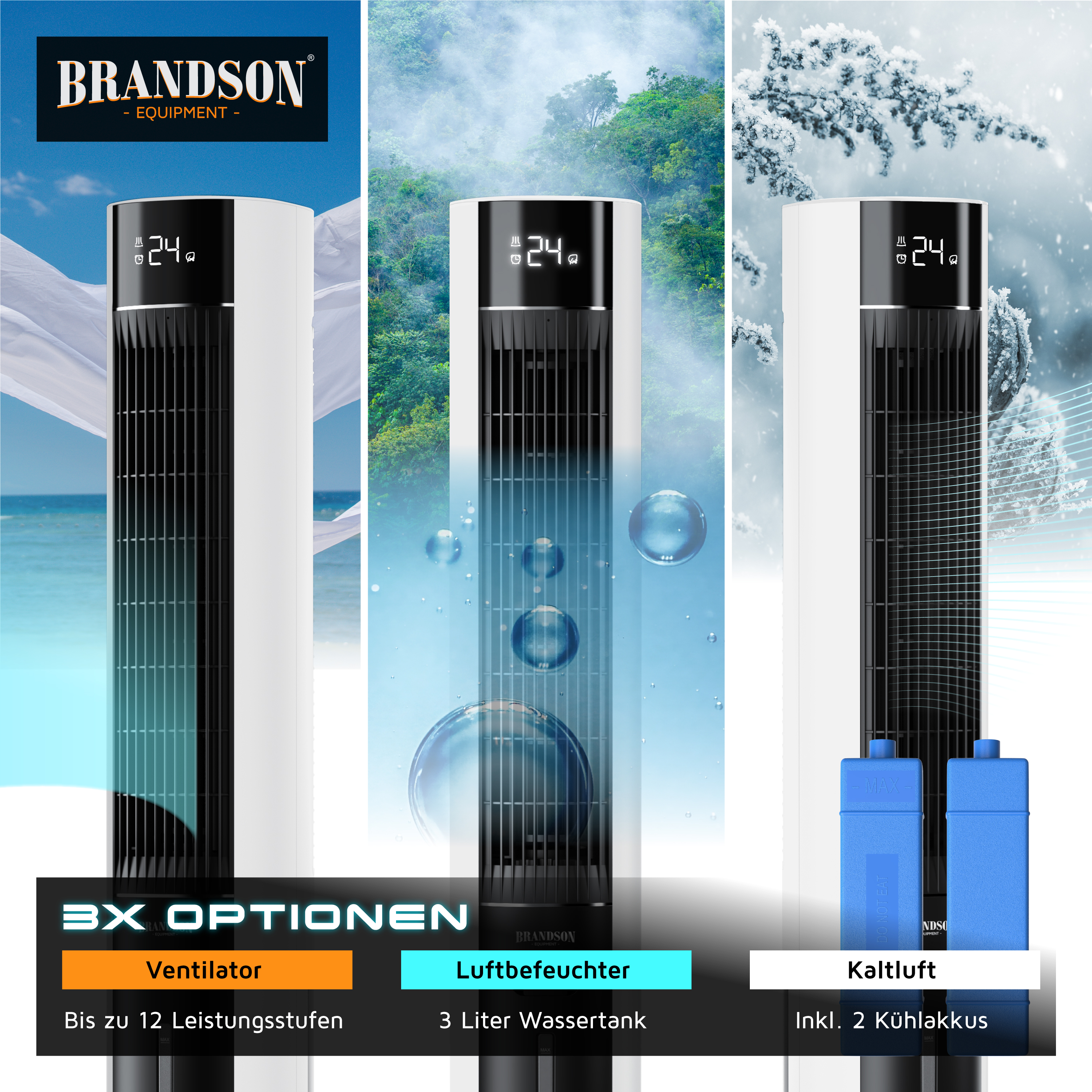 Brandson Turmventilator mit digitalem Display, schwarzem Gitter und weißem Gehäuse, inklusive zwei Kühlakkus für erfrischende Luft.