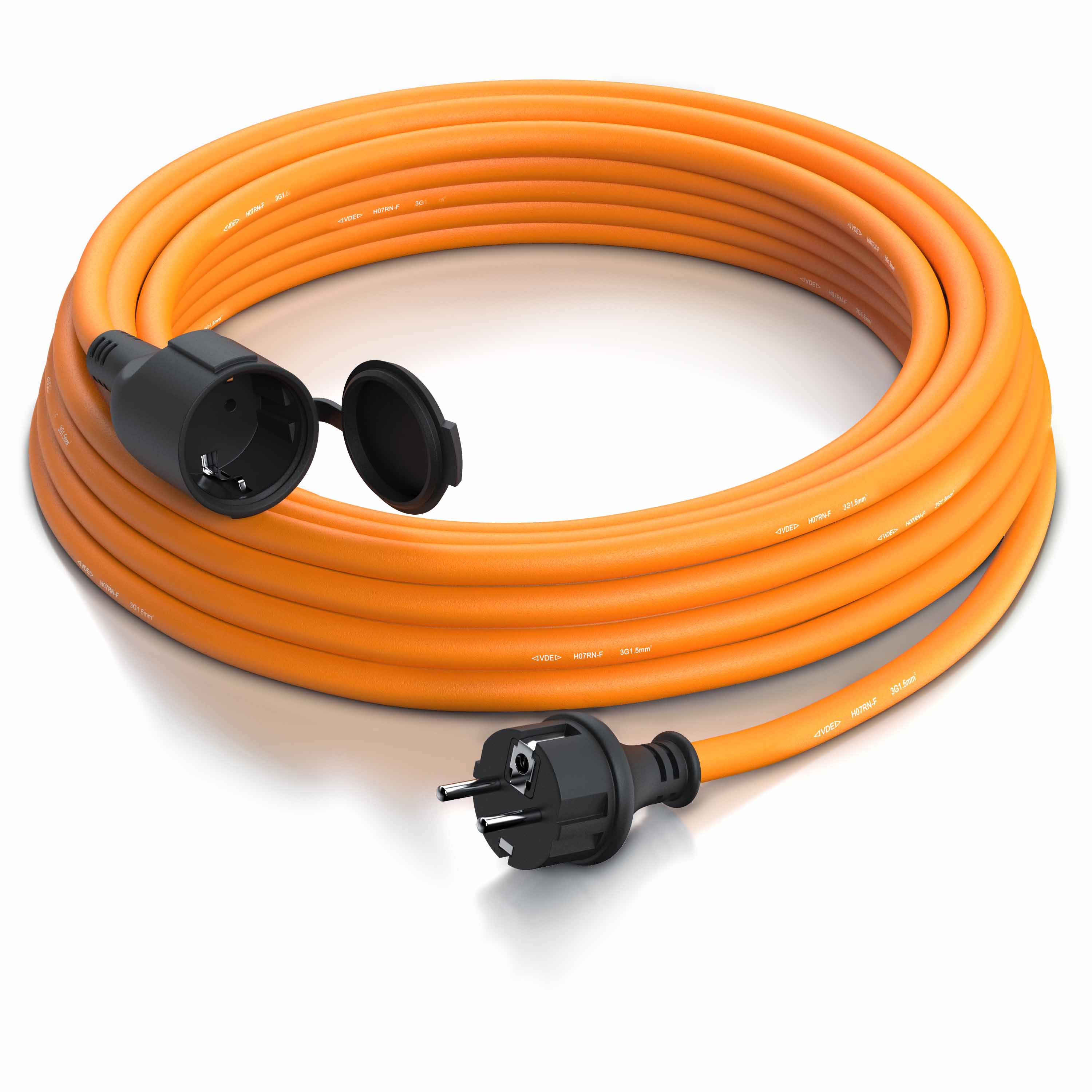 Orangefarbenes Brandson-Verlängerungskabel mit schwarzem Stecker und Buchse, aufgerollt für einfache Lagerung und Transport.