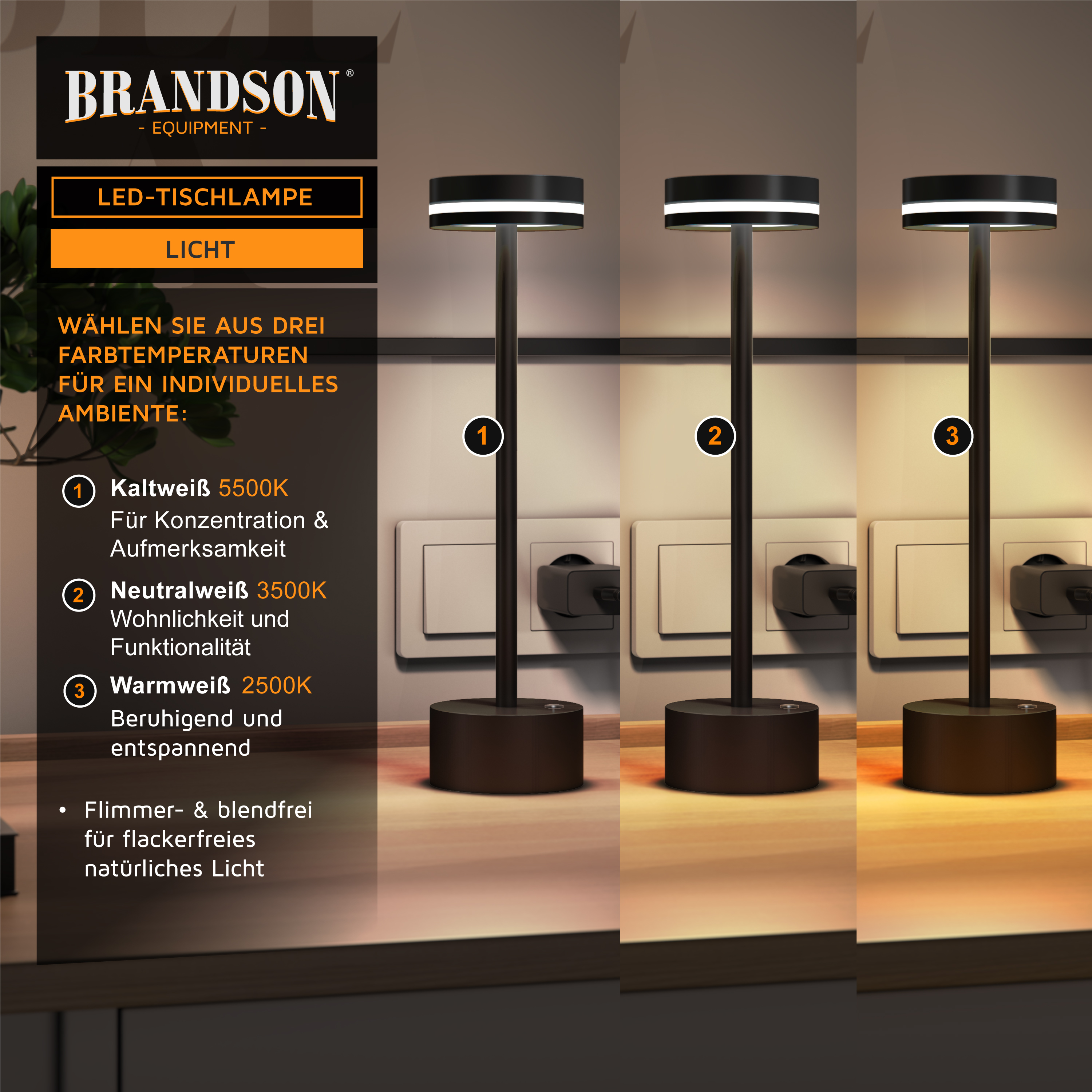Brandson LED-Tischleuchte mit einstellbaren Farbtemperaturen, schlankem Design und stabilem Sockel, dargestellt in drei Beleuchtungsmodi.
