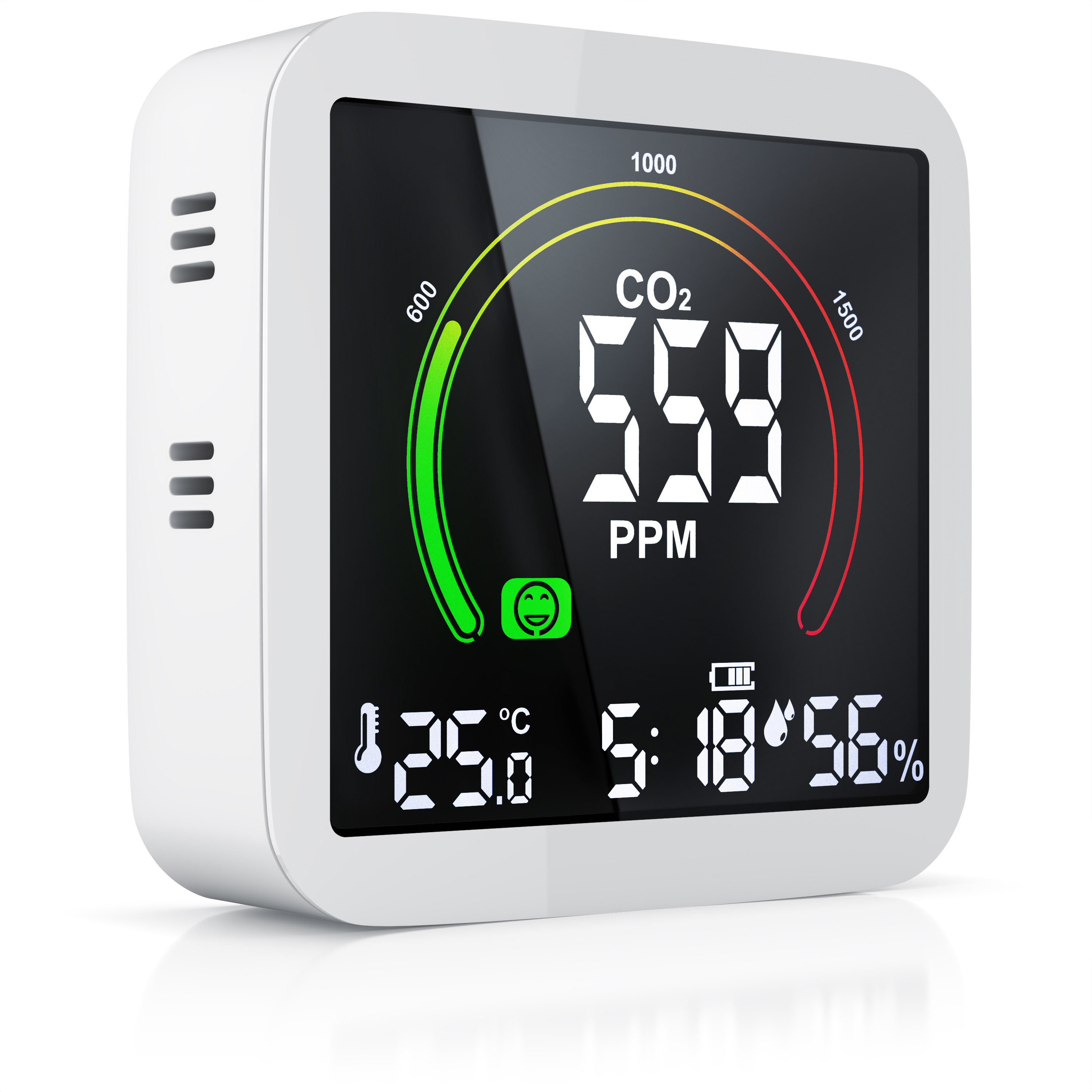 Brandson CO2-Messgerät mit digitalem Display, zeigt CO2-Werte, Temperatur und Luftfeuchtigkeit in einem kompakten, weißen Gehäuse.