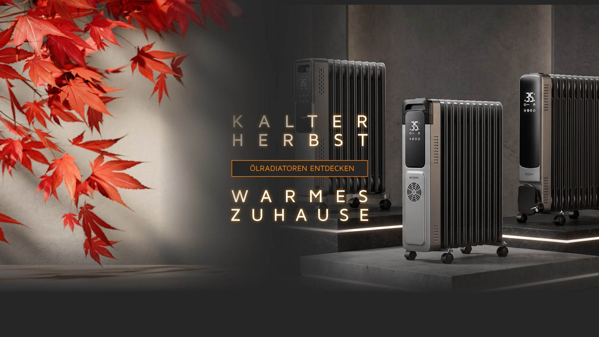 Brandson-Ölradiatorheizungen in Dunkelgrau mit Digitalanzeigen und Rädern, präsentiert auf Plattformen neben rotem Herbstlaub.