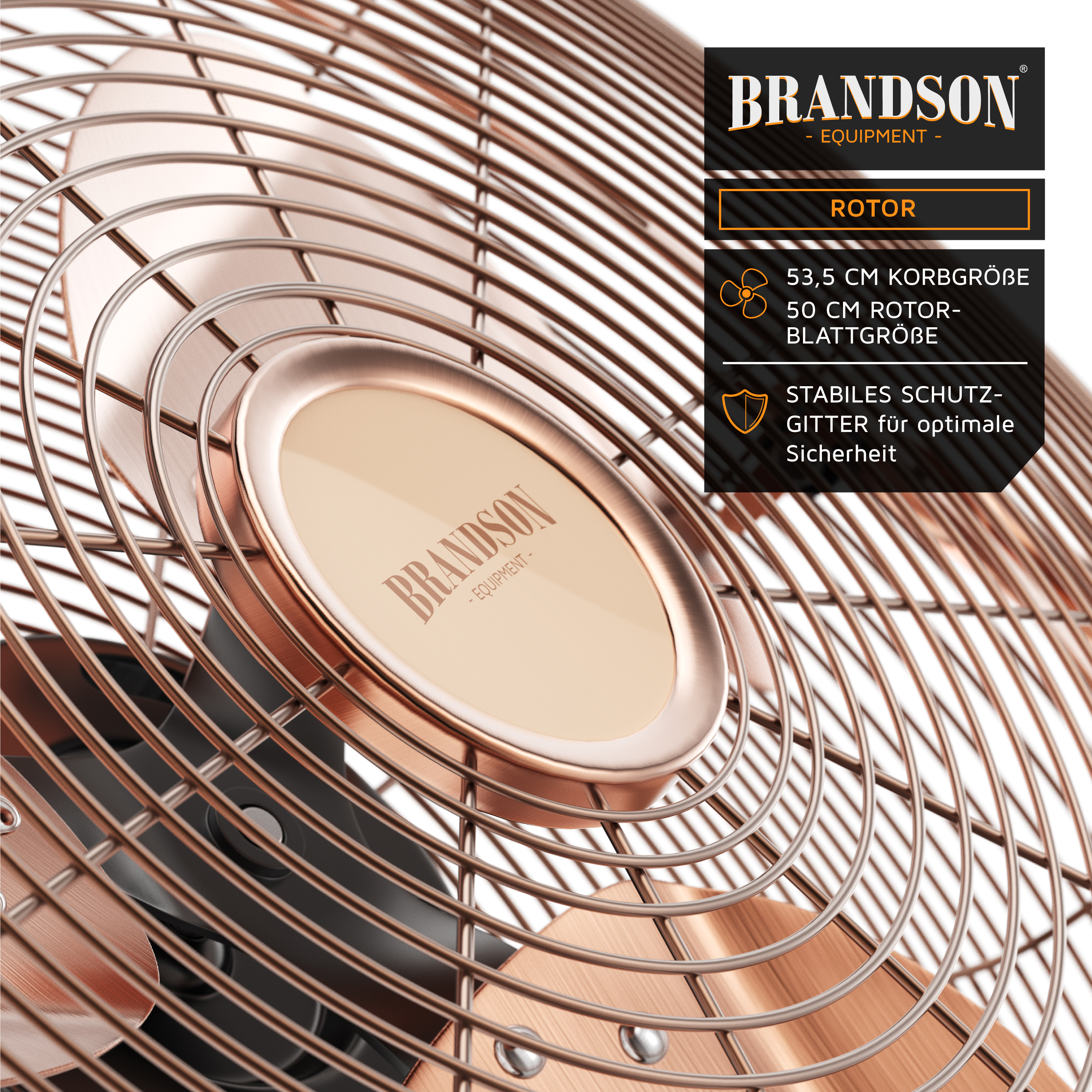 Brandson Standventilator mit einem 50 cm großen Rotor, stabilen Schutzgittern und einem eleganten Design in Kupferfarbe.