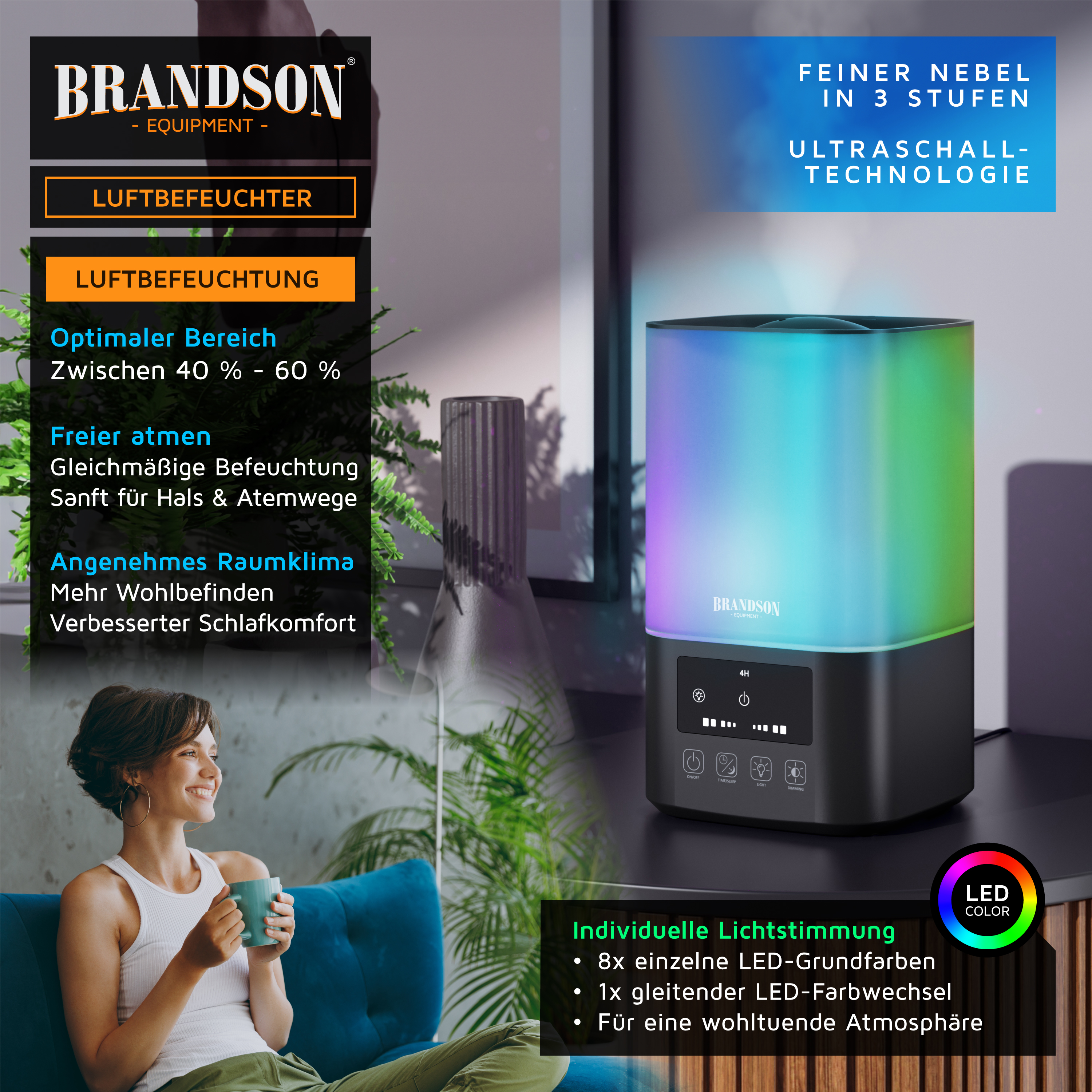 Brandson Luftbefeuchter mit farbigem LED-Licht und Bedienfeld, ideal für gleichmäßige Befeuchtung in Wohnräumen.