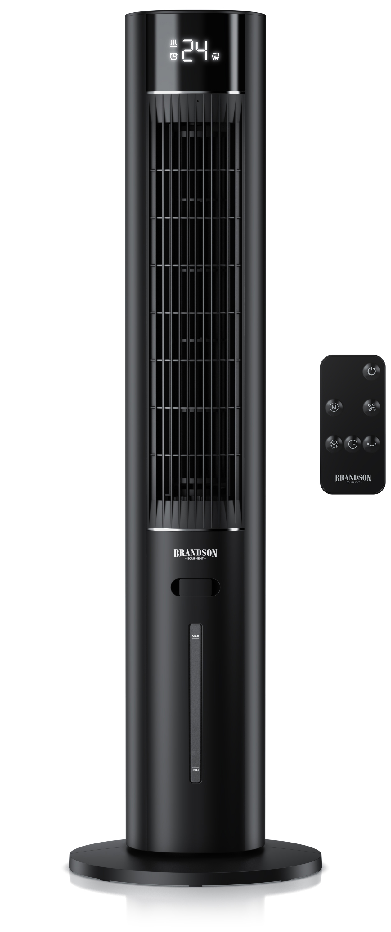 Brandson Turmventilator in Schwarz mit Digitalanzeige, Bedienfeld und Fernbedienung für effiziente Kühlung.