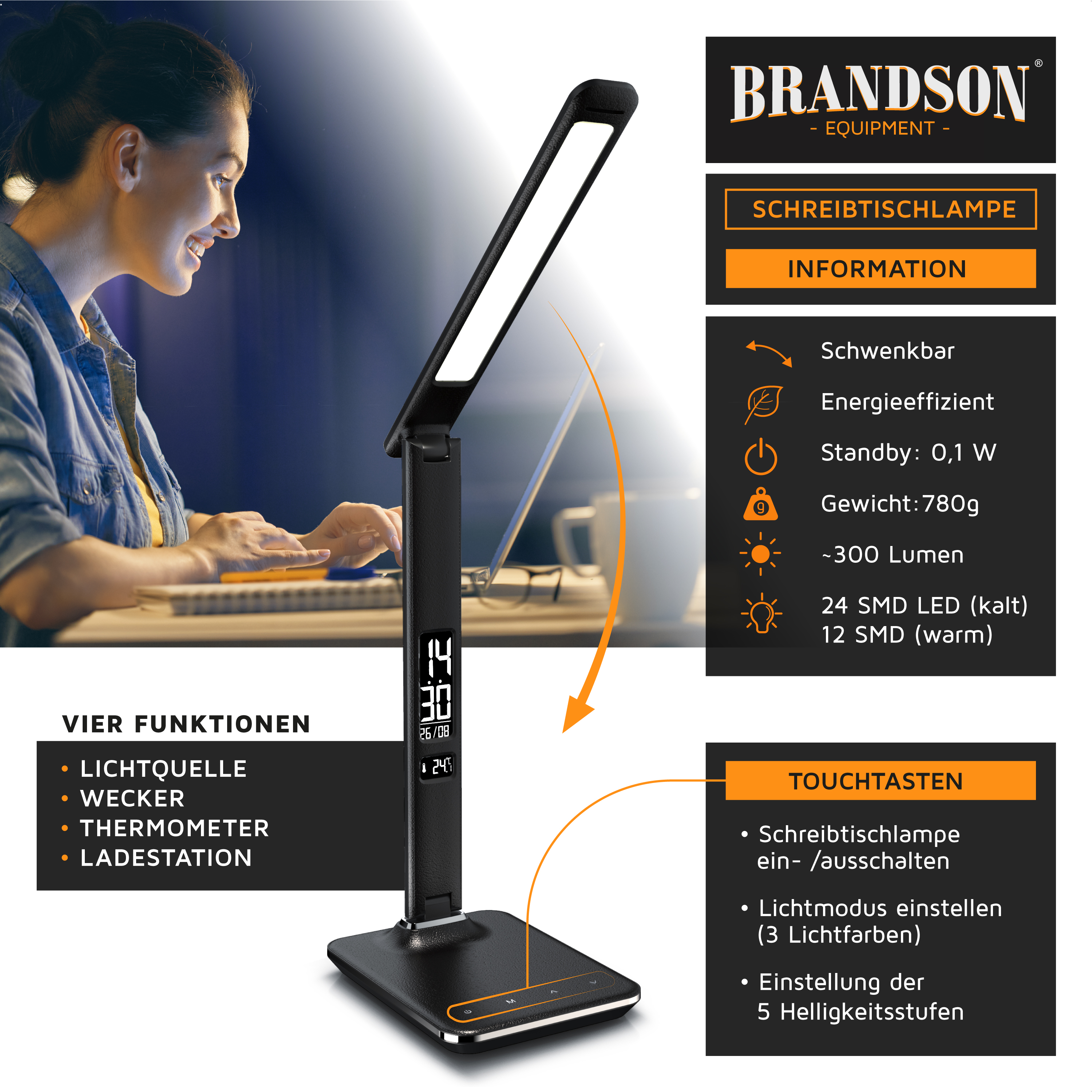 Brandson-Schreibtischlampe mit verstellbarem Arm, schwarzem Finish, Digitalanzeige, Touch-Bedienung und mehreren Lichtmodi für vielseitigen Einsatz.