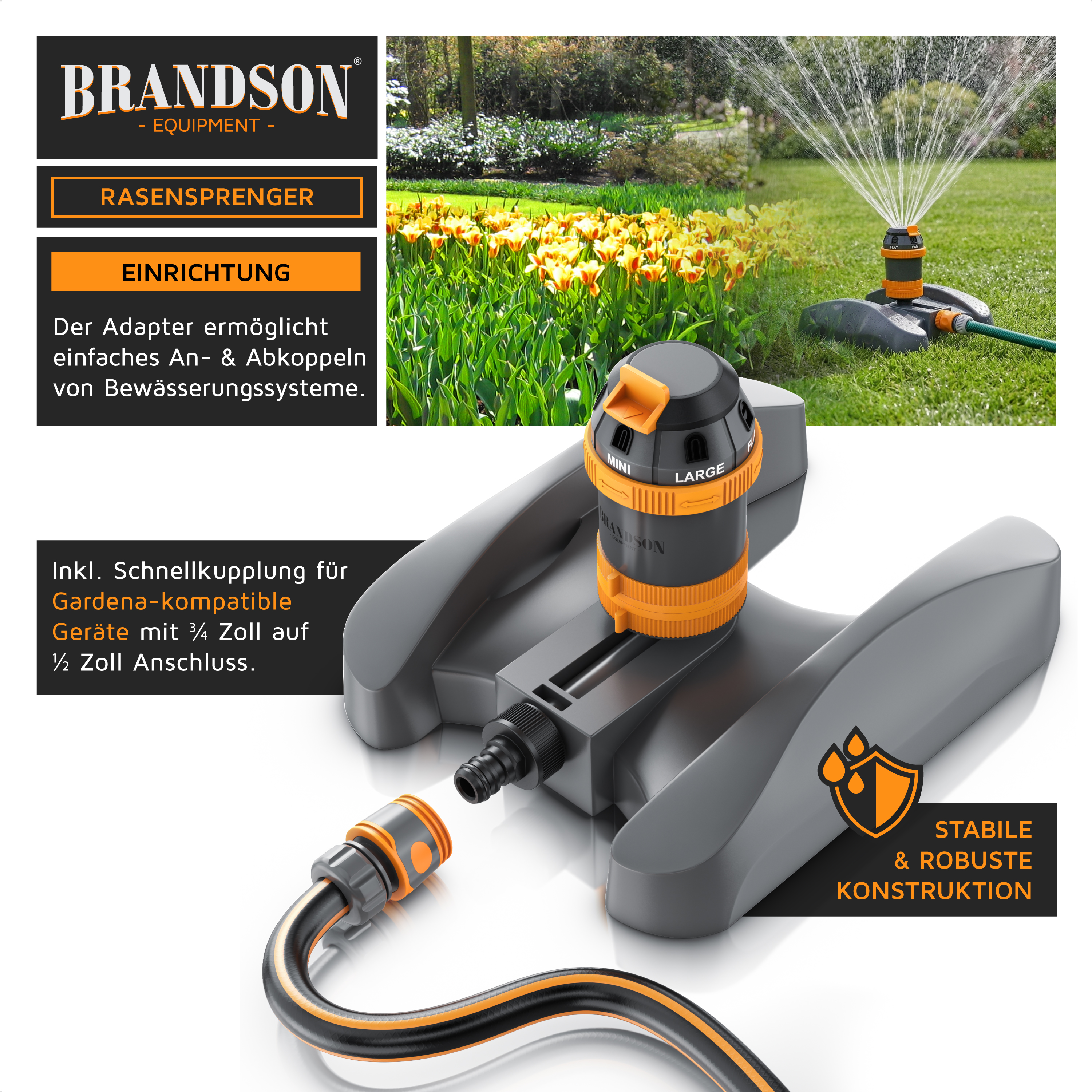 Brandson Rasensprenger mit stabiler und robuster Konstruktion, Adapter für Gardena-kompatible Geräte und Schnellkupplung.