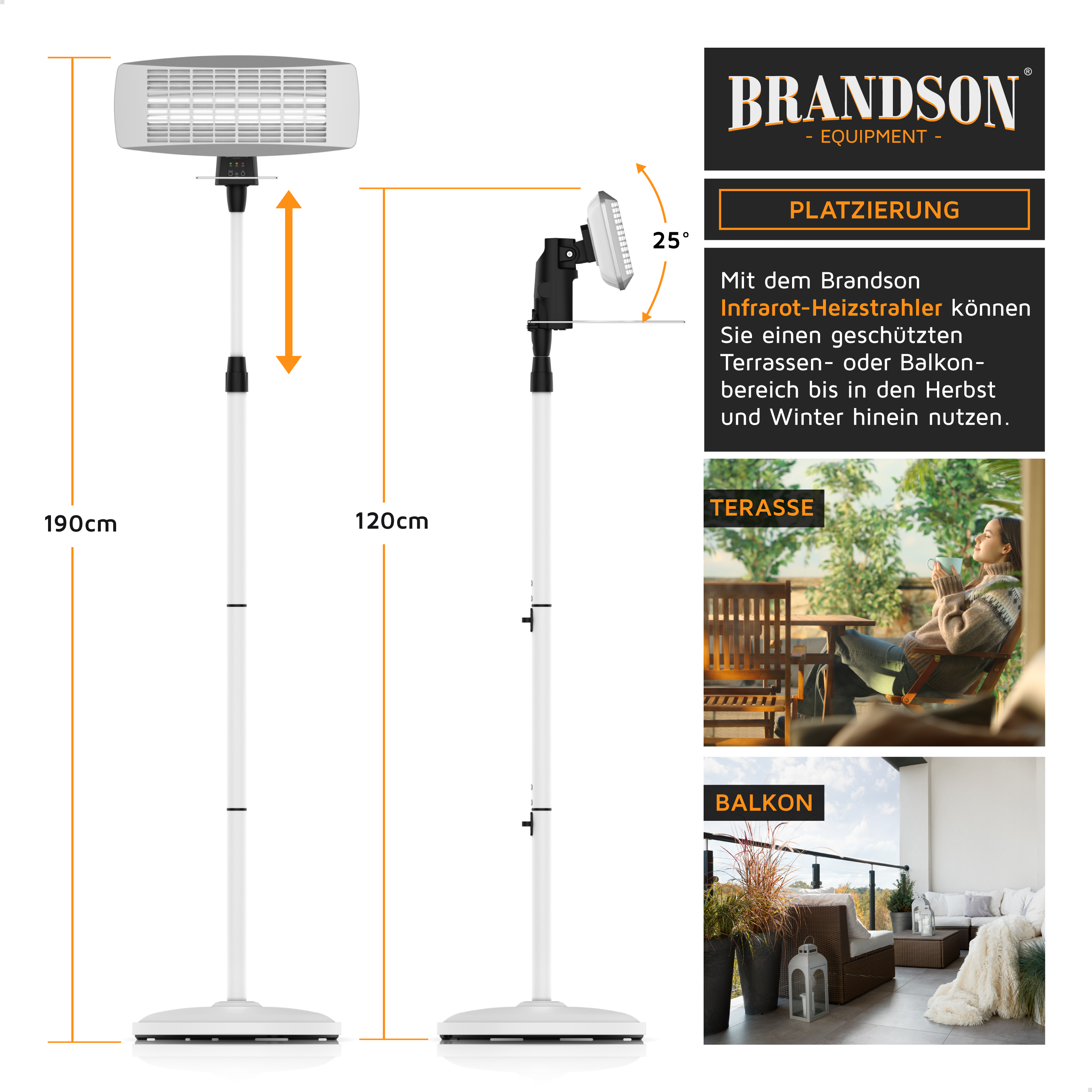 Brandson-Infrarotheizstrahler mit einstellbarer Höhe und Neigung, elegantem Design und stabilem Sockel für den Außenbereich.
