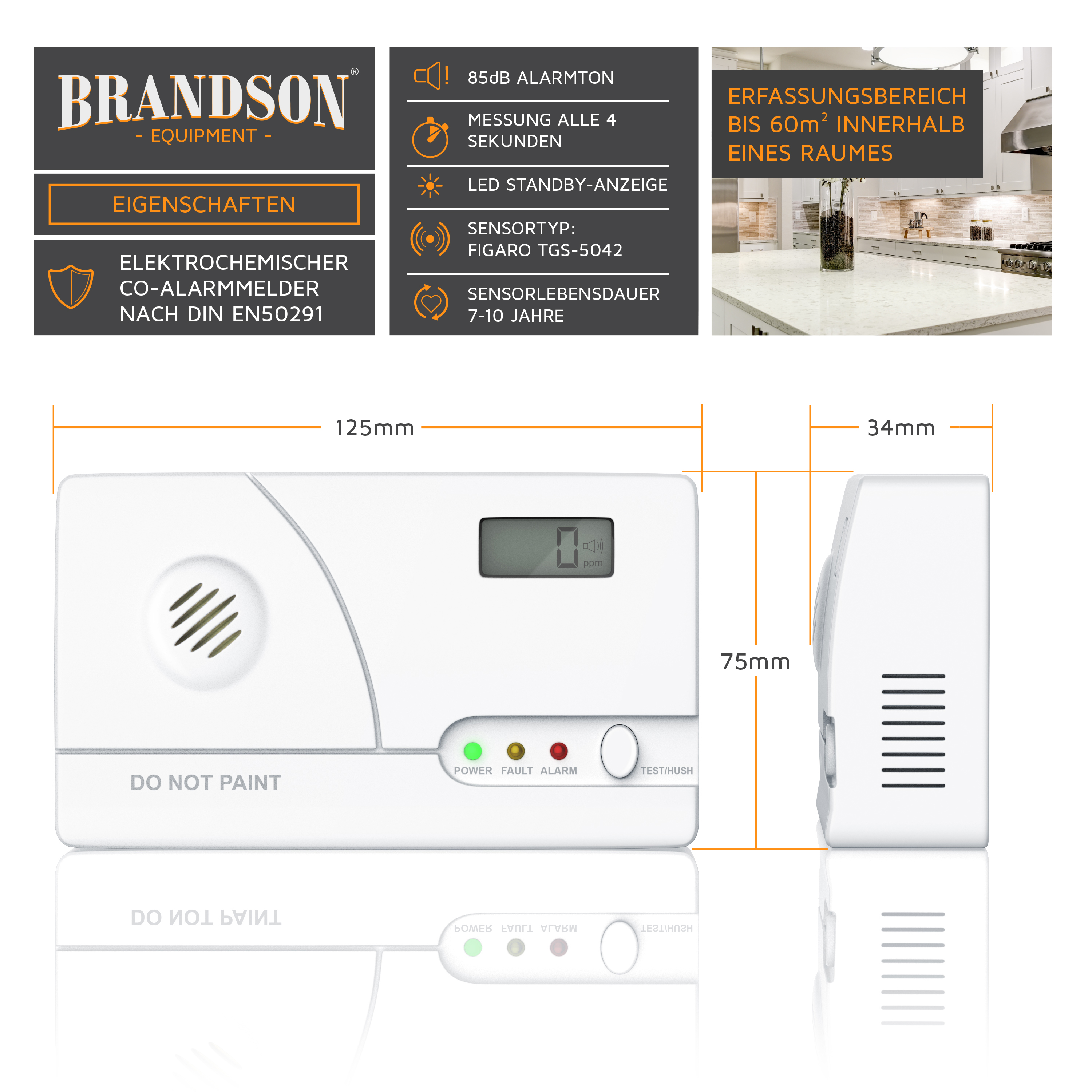 Brandson CO-Alarm mit LCD-Display, weißes Gehäuse, LED-Anzeigen für Strom, Fehler und Alarm, geeignet für Innenräume bis 60m².