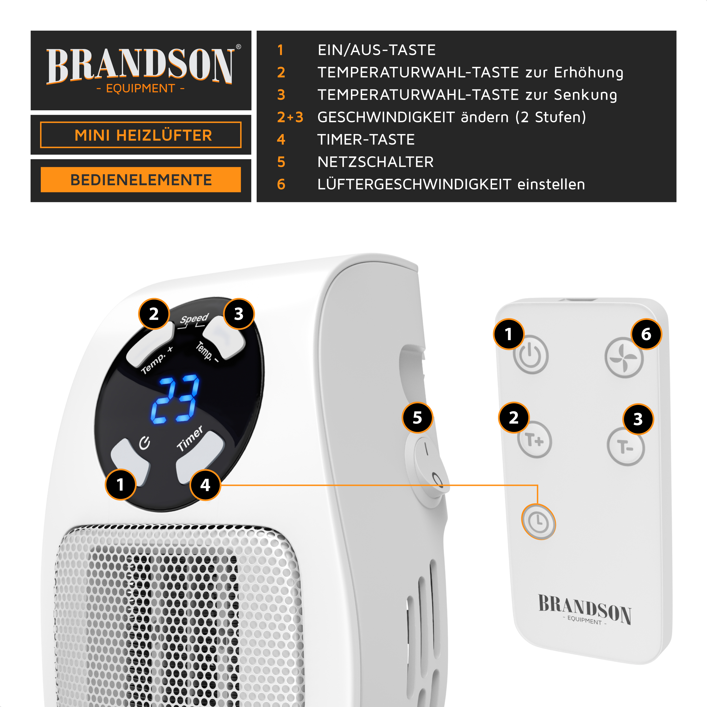 Brandson Mini Heizlüfter mit digitalem Display, Bedienfeld, Temperatur- und Geschwindigkeitsregler sowie Fernbedienung in Weiß.