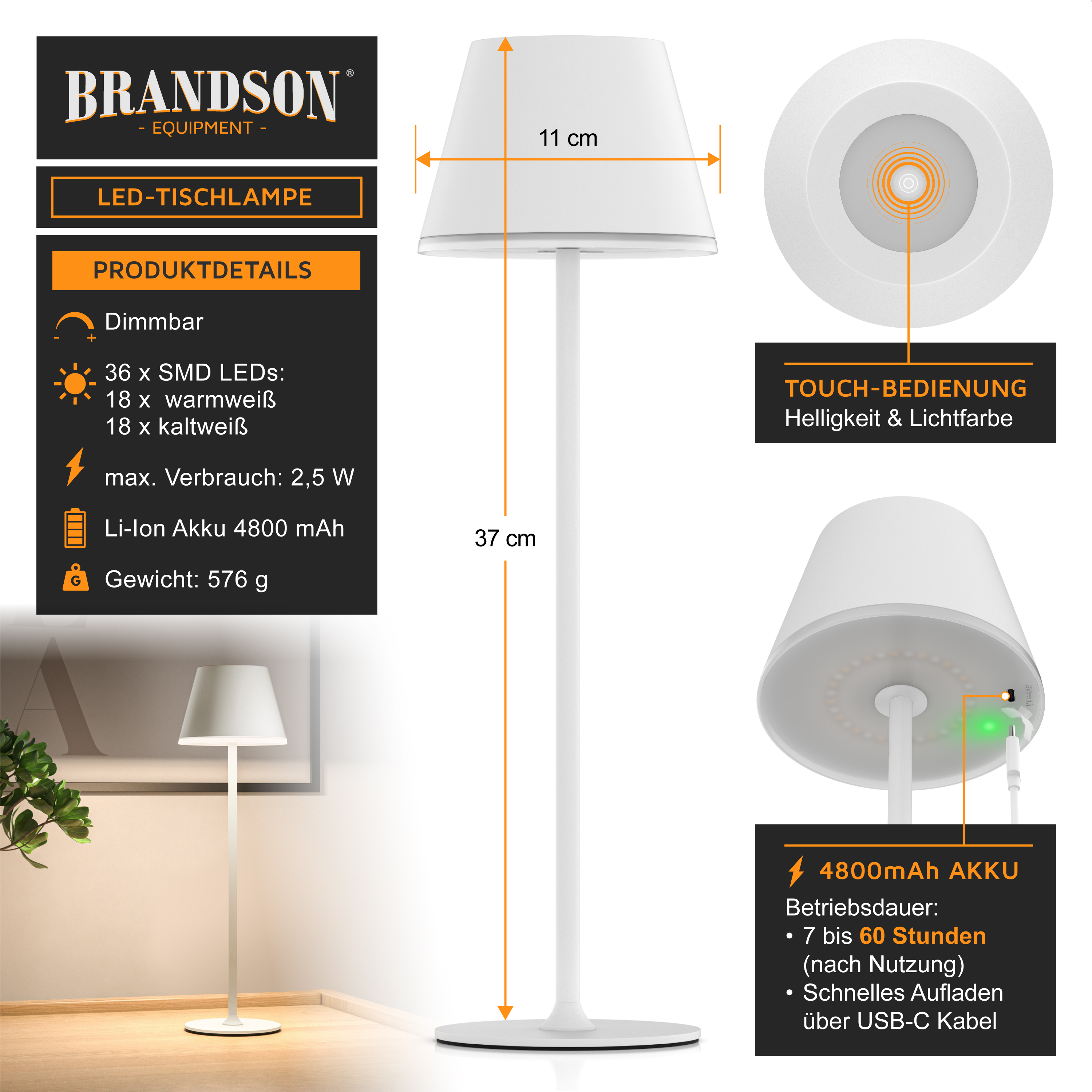 Brandson LED-Tischleuchte mit weißem Schirm und Touch-Steuerung für Helligkeit und Lichtfarbe, schlankes Design und stabiler Standfuß.