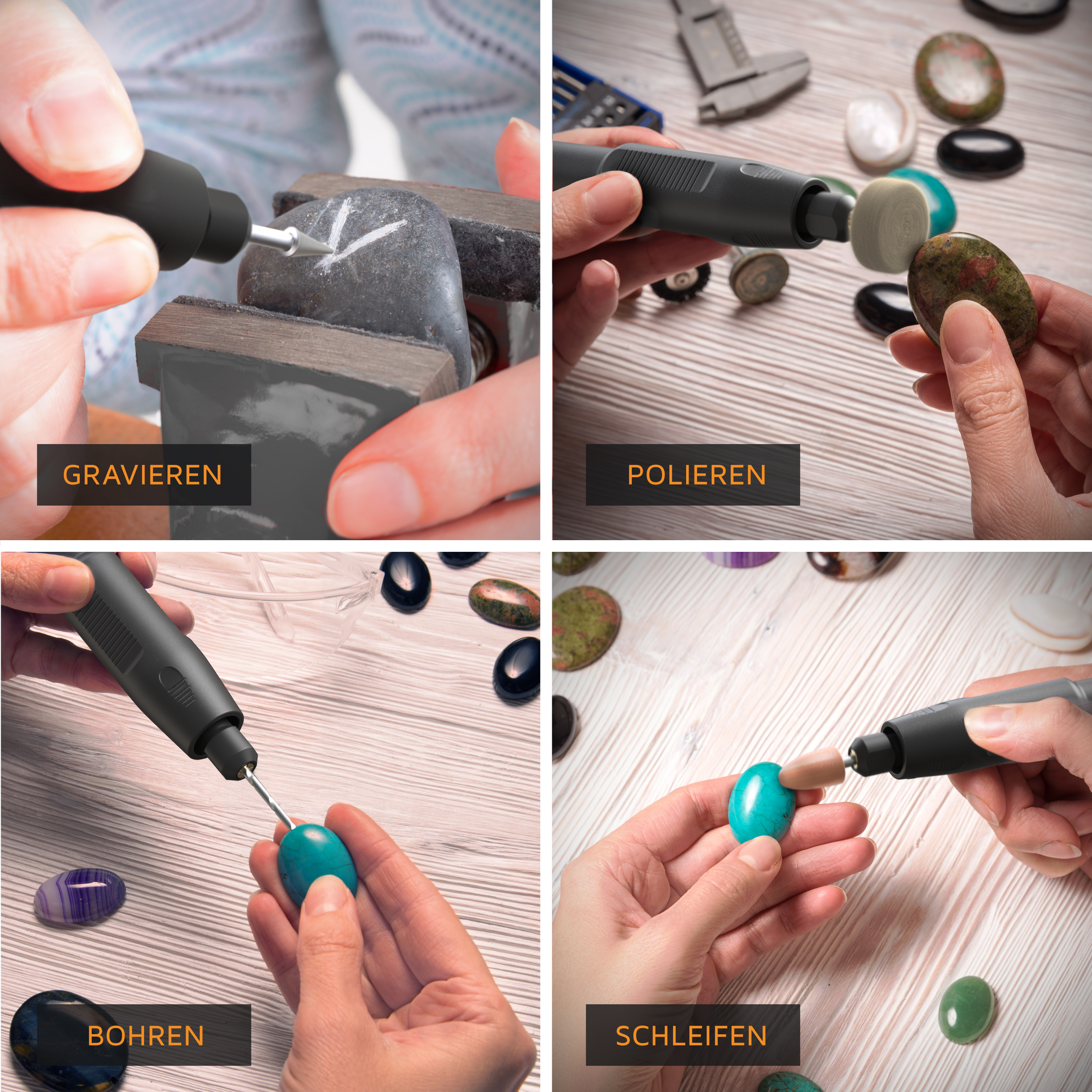 Brandson Dremel mit ergonomischem Griff, verwendet zum Gravieren, Polieren, Bohren und Schleifen von Steinen.