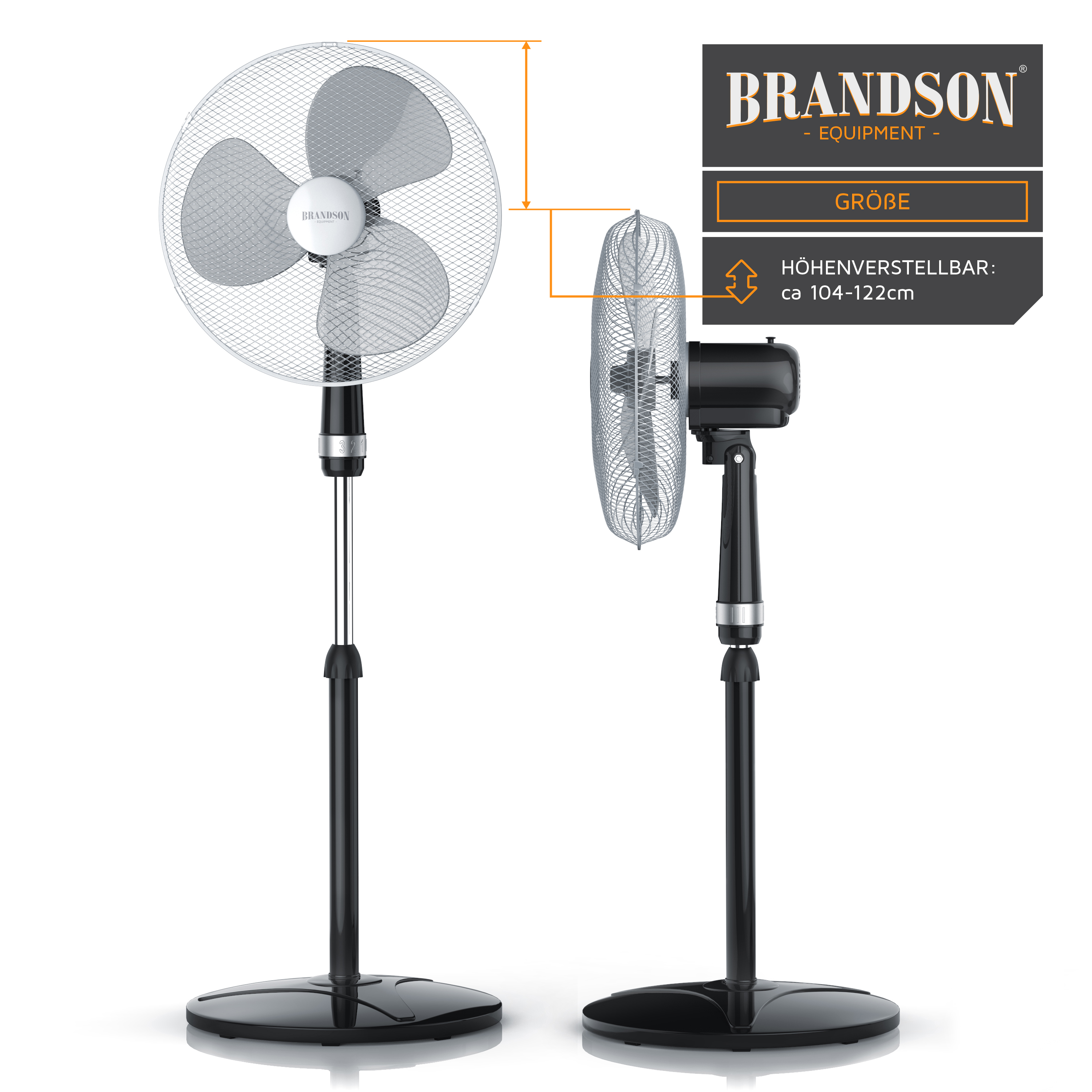 Standventilator von Brandson mit verstellbarer Höhe, schwarzem Sockel und schützender Netzabdeckung, geeignet für den Heim- oder Bürogebrauch.