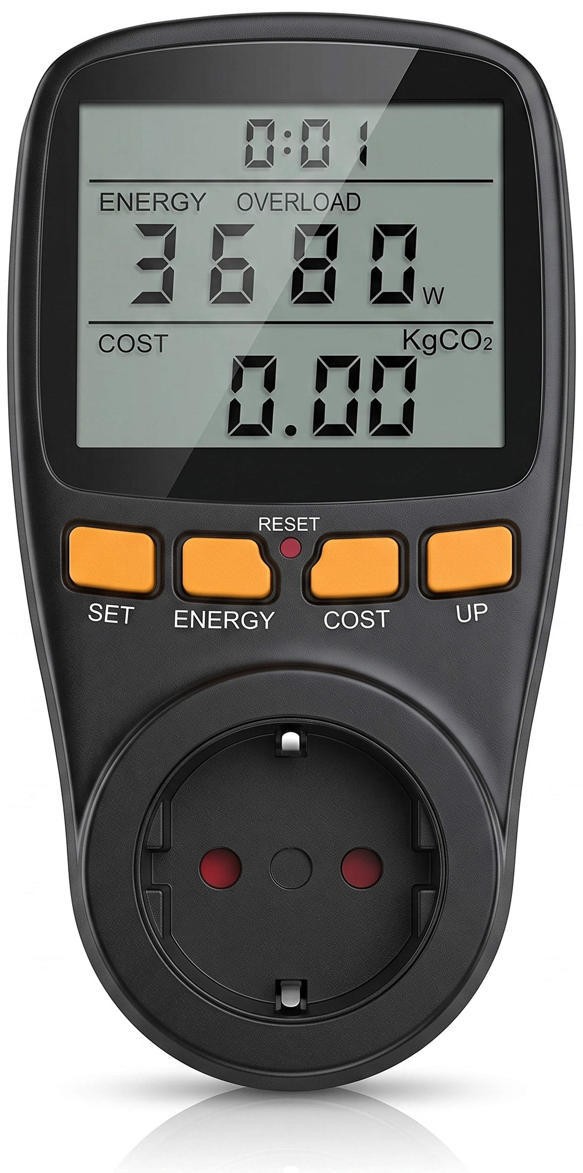 Brandson Energiemessgerät mit großem LCD-Display, Tasten für Energie, Kosten und Reset, in schwarzer Farbe mit rotem Steckdosenanschluss.