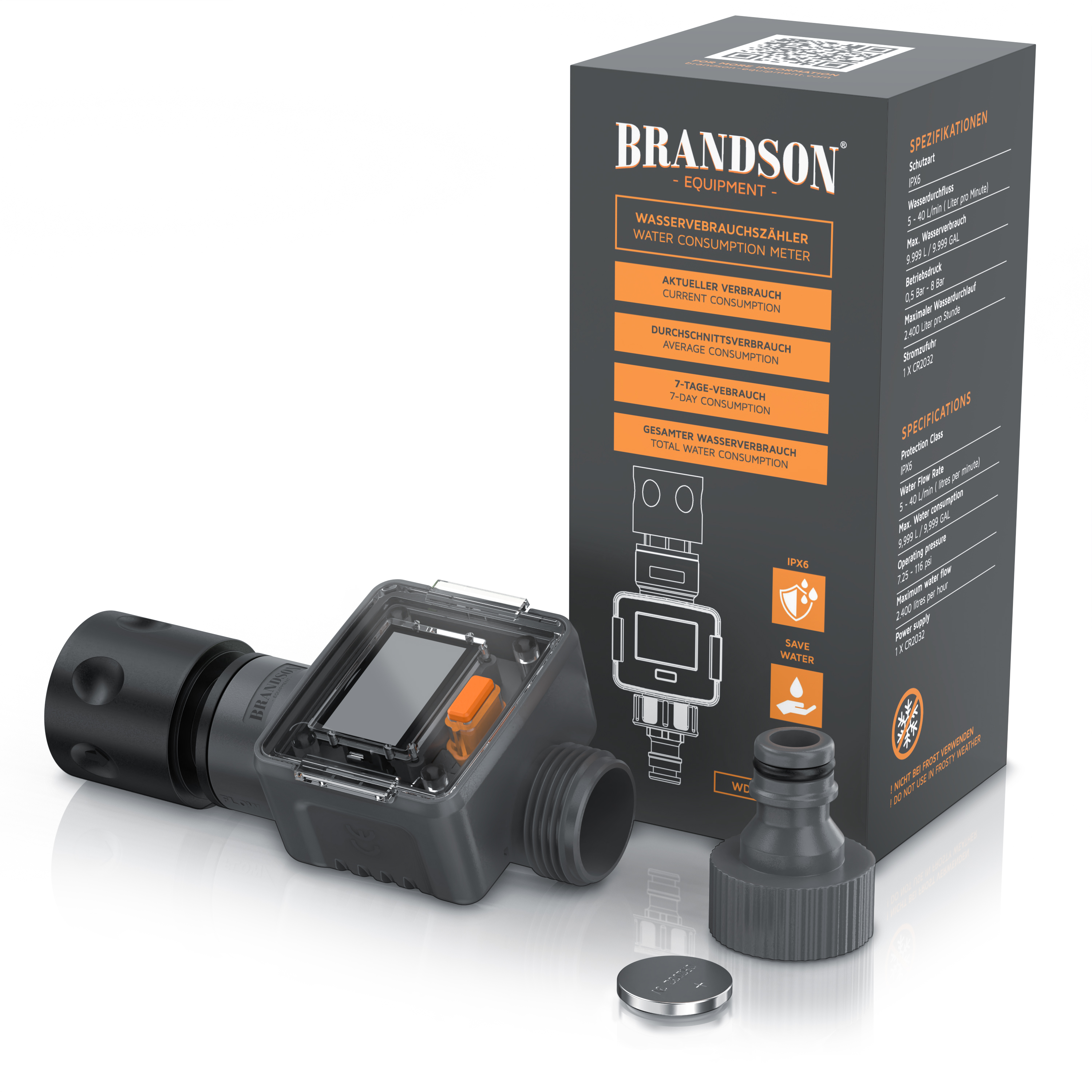 Brandson-Wasserverbrauchsmessgerät mit transparentem Display, orangefarbenem Knopf und schwarzen Anschlüssen, verpackt in einer Markenbox.