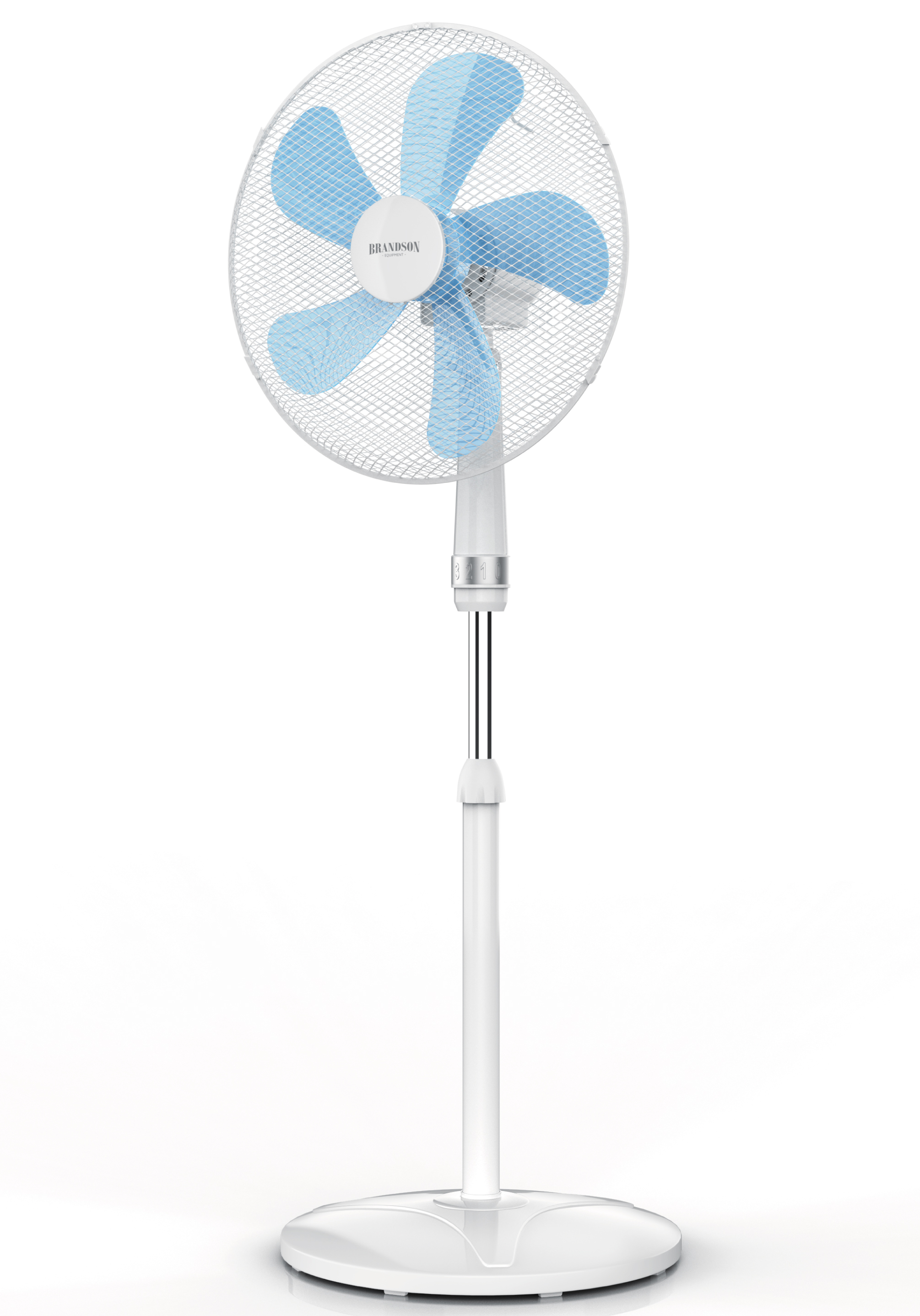 Standventilator von Brandson mit weißem Sockel und blauen Flügeln, einer hohen verstellbaren Stange und einer schützenden Netzabdeckung.