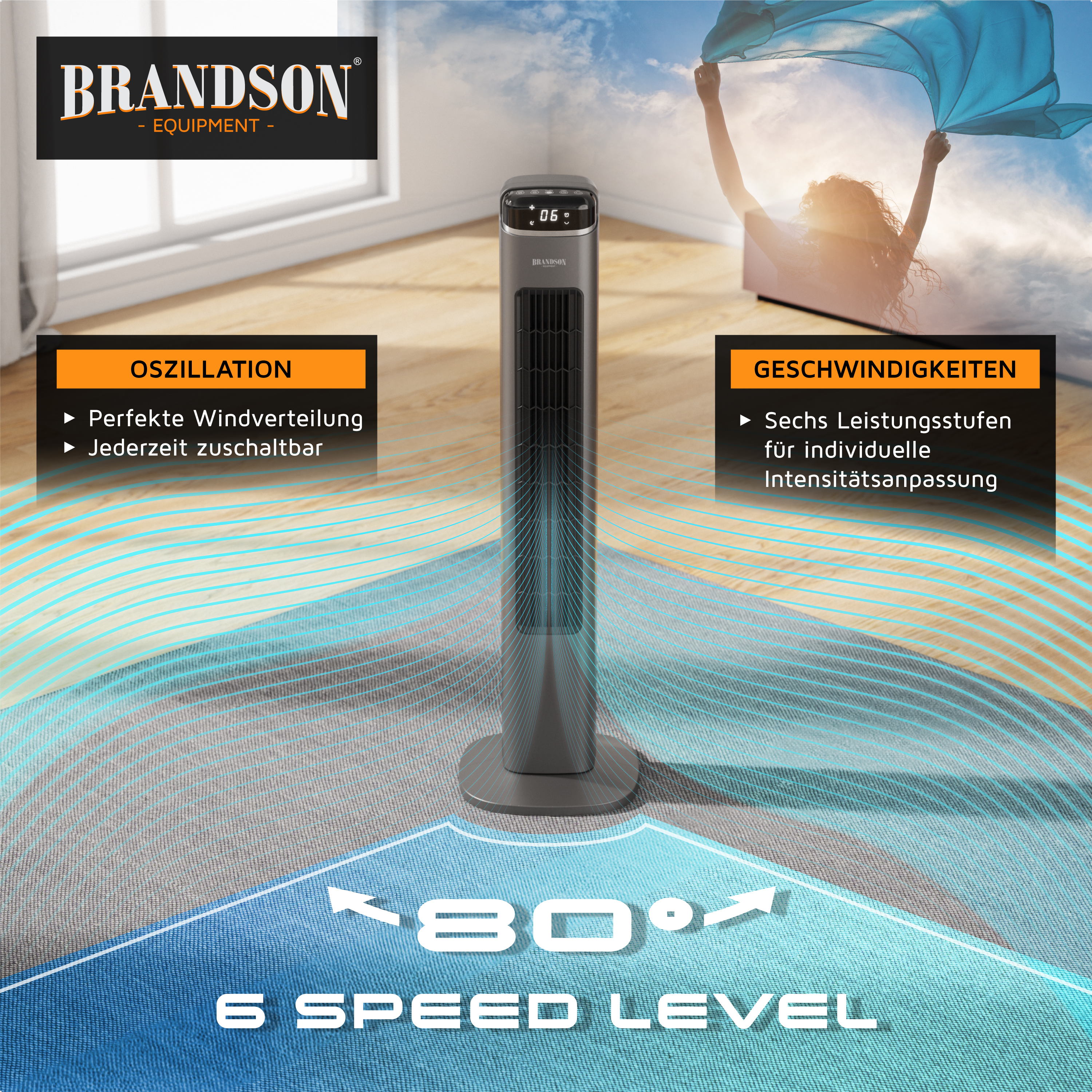 Turmventilator von Brandson mit elegantem schwarzem Design, Digitalanzeige und Oszillationsfunktion für optimale Luftverteilung.