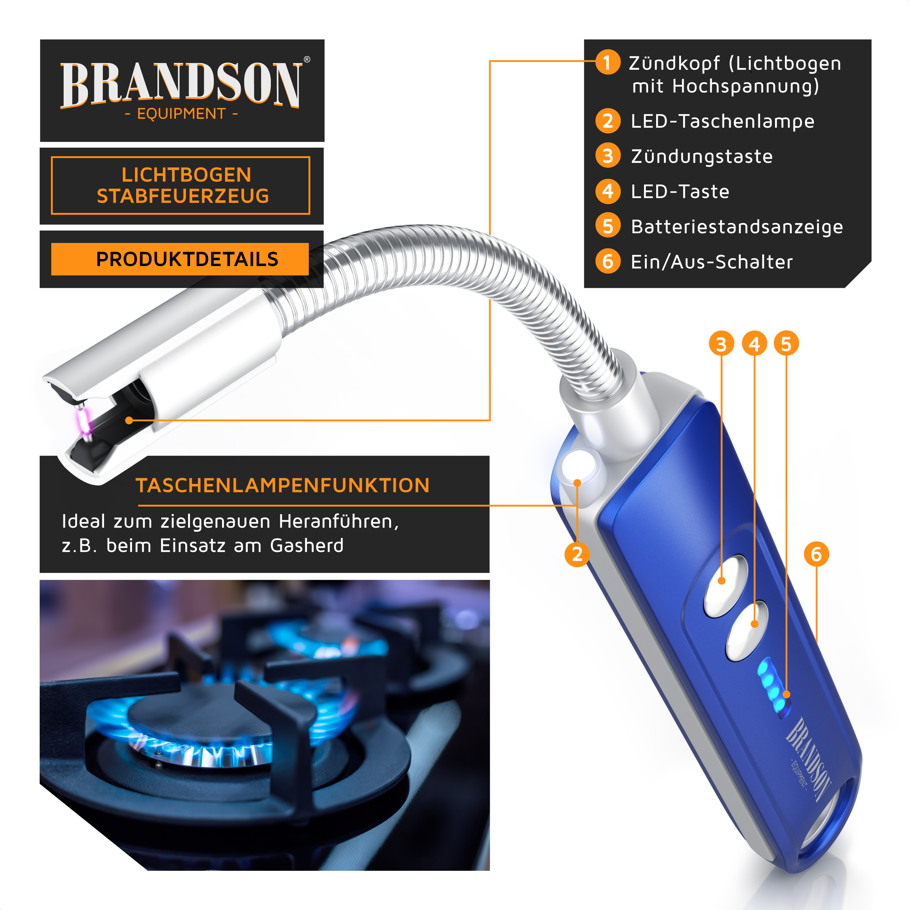Brandson Lichtbogen-Stabfeuerzeug mit flexiblem Hals, LED-Taschenlampe und Zündungstaste in blau, ideal für den Einsatz am Gasherd.