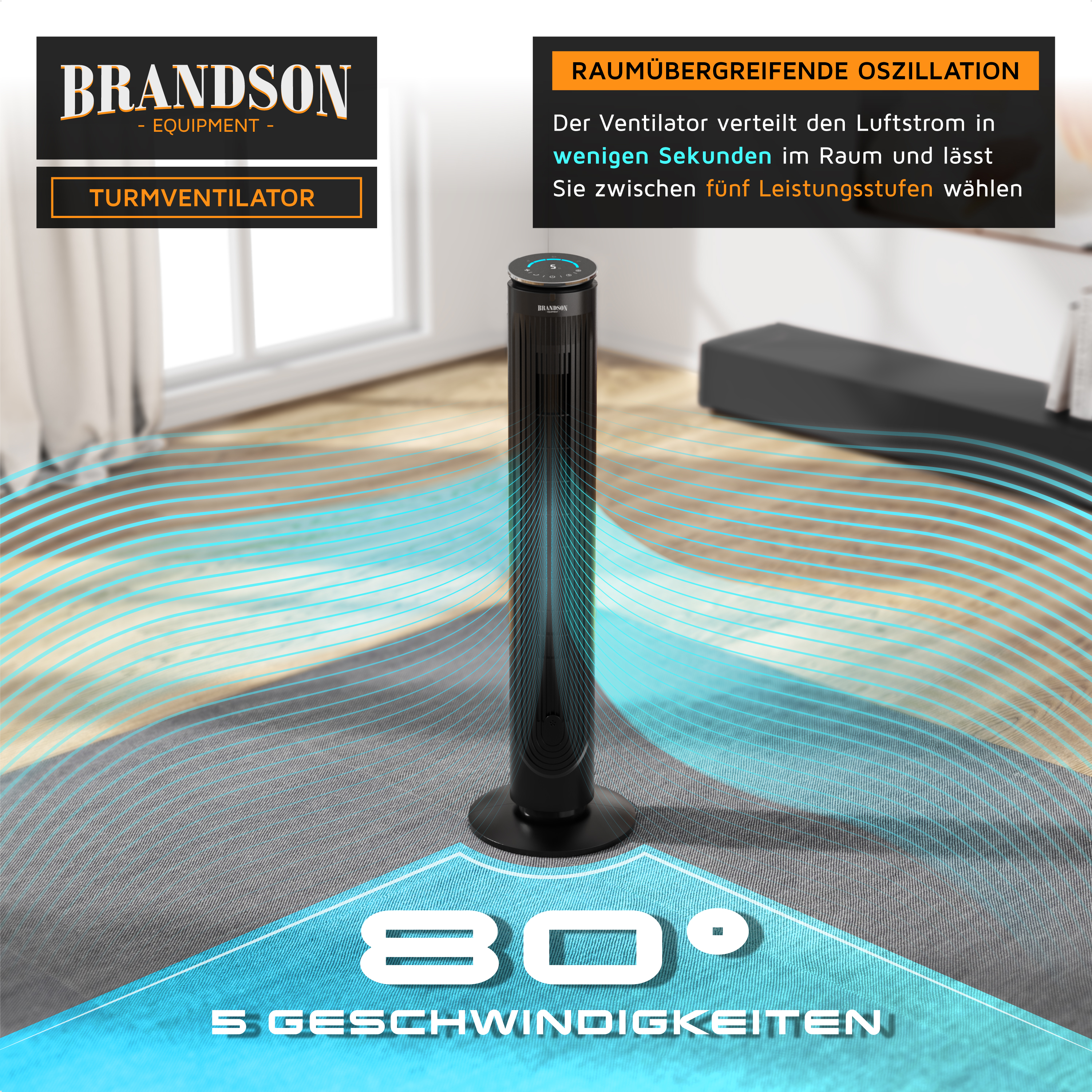 Brandson Turmventilator in Schwarz mit schlanker Bauform, Bedienfeld oben und 80° Oszillation für gleichmäßige Luftverteilung.