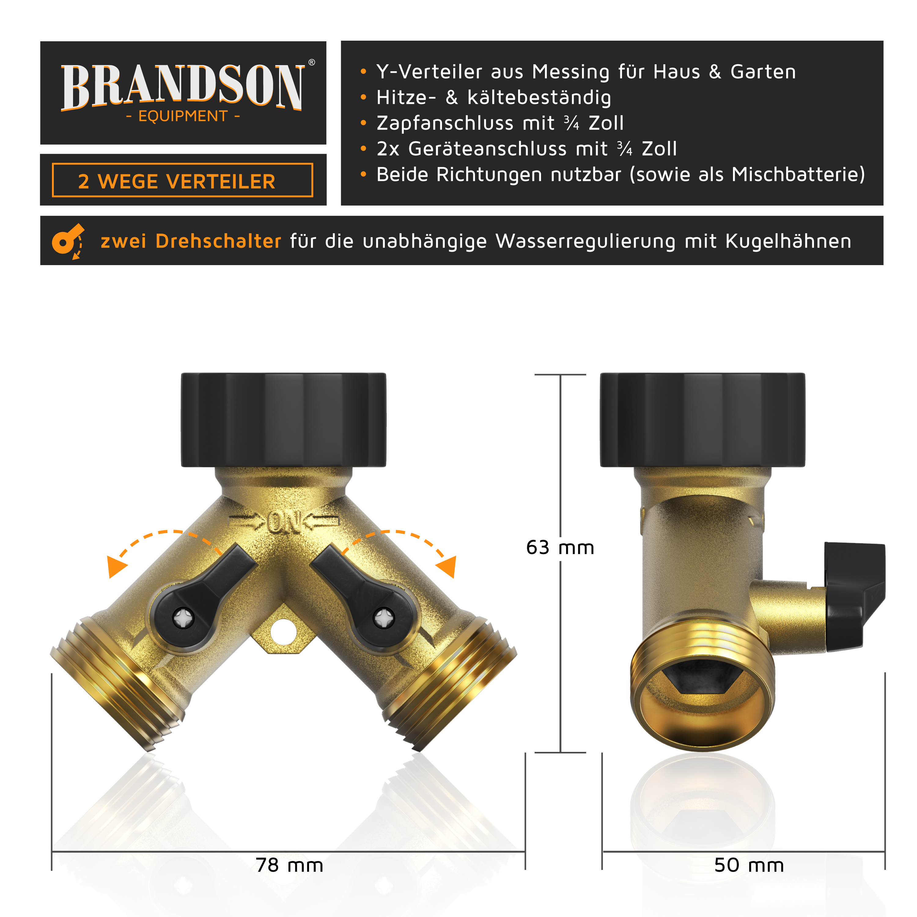 Brandson Y-Verteiler aus Messing mit zwei Drehschaltern für unabhängige Wasserregulierung, hitze- und kältebeständig.