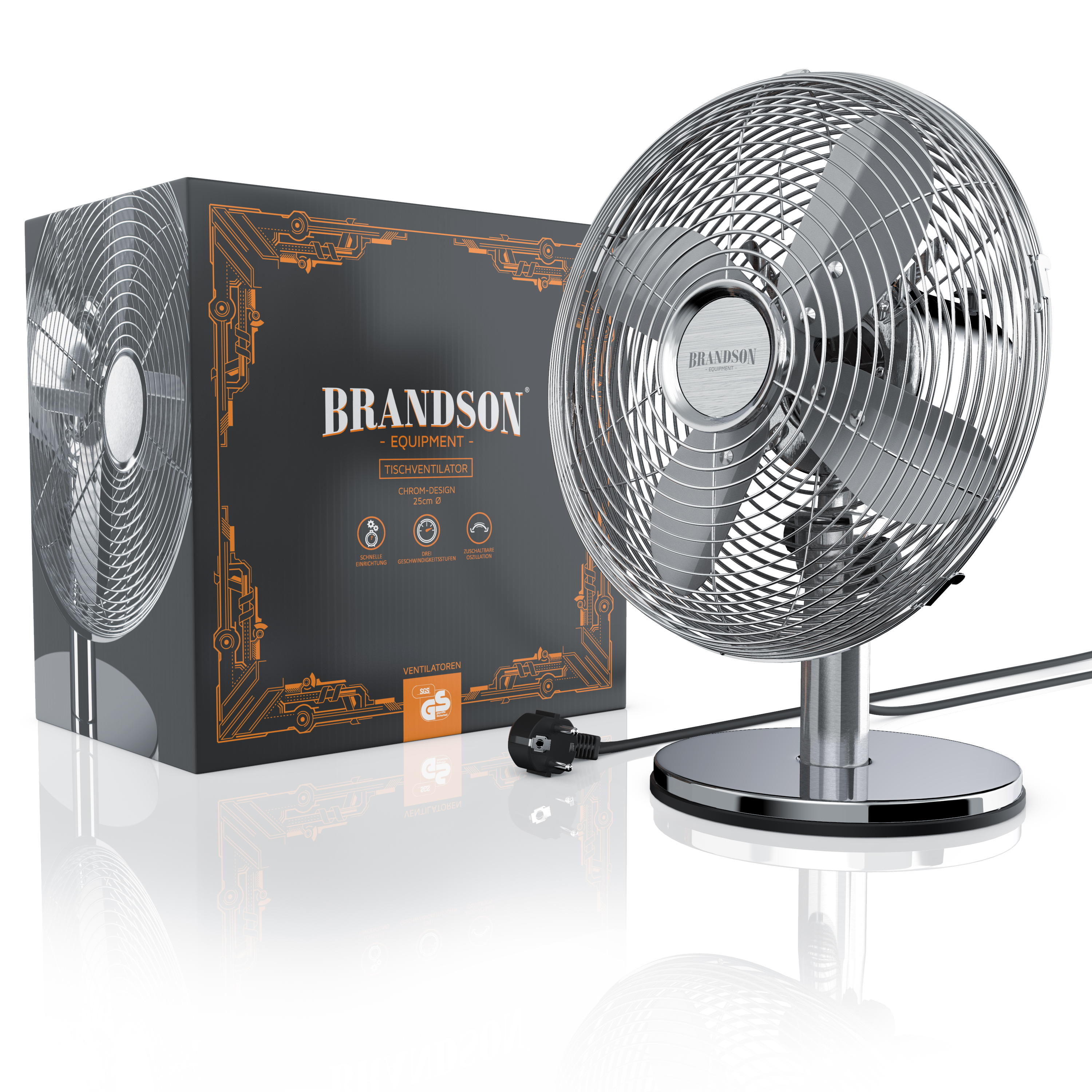 Brandson Tischventilator mit verchromtem Gehäuse, stabilem Standfuß und sichtbarem Bedienfeld, verpackt in einer attraktiven Box.